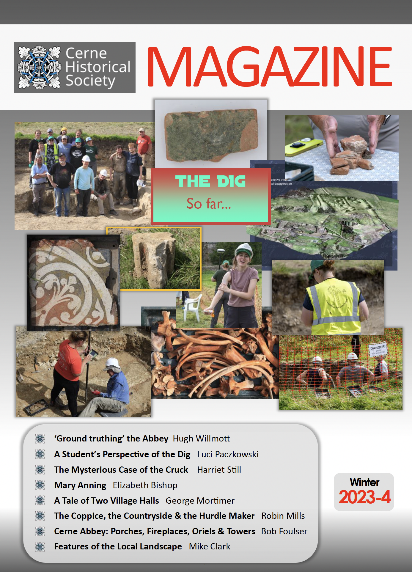 Cerne Historical Society Magazine cover featuring photographs and discoveries from the Cerne Abbey excavation