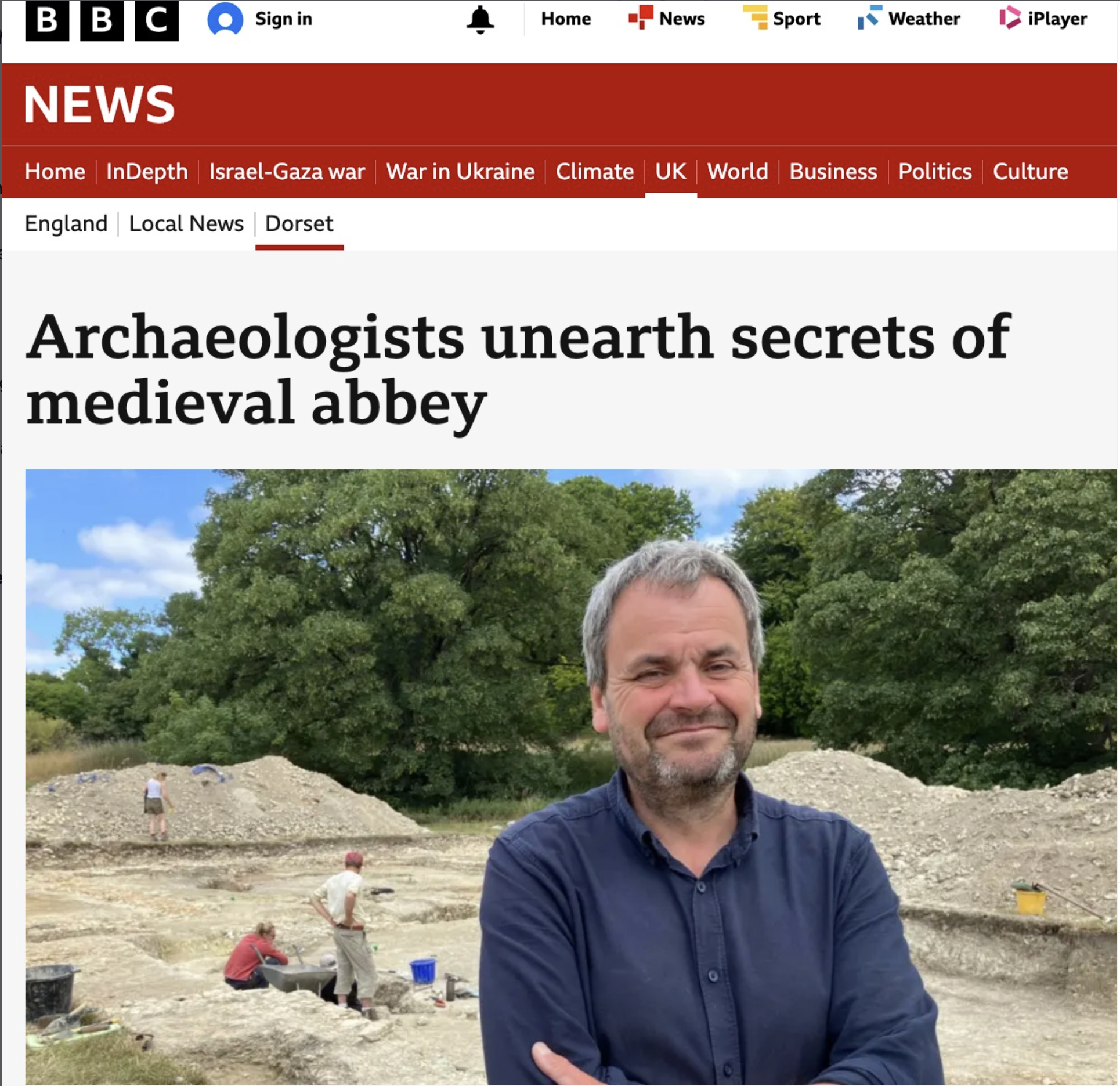 BBC News report titled Archaeologists unearth secrets of medieval abbey, featuring Hugh Willmott at the Cerne Abbey excavation