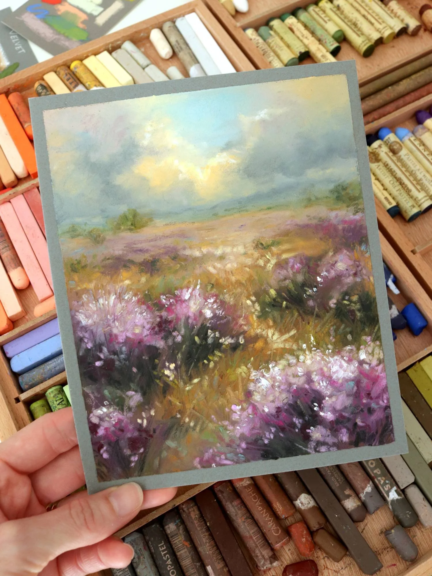 Oil pastel lavender field on Canson Mi-Teintes Velvet by Yolanda Blazquez