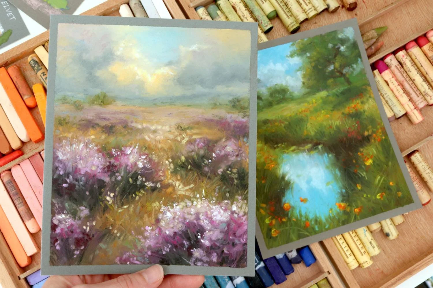 Oil pastel landscapes on Canson Mi-Teintes Velvet and Pastelmat by Yolanda Blazquez