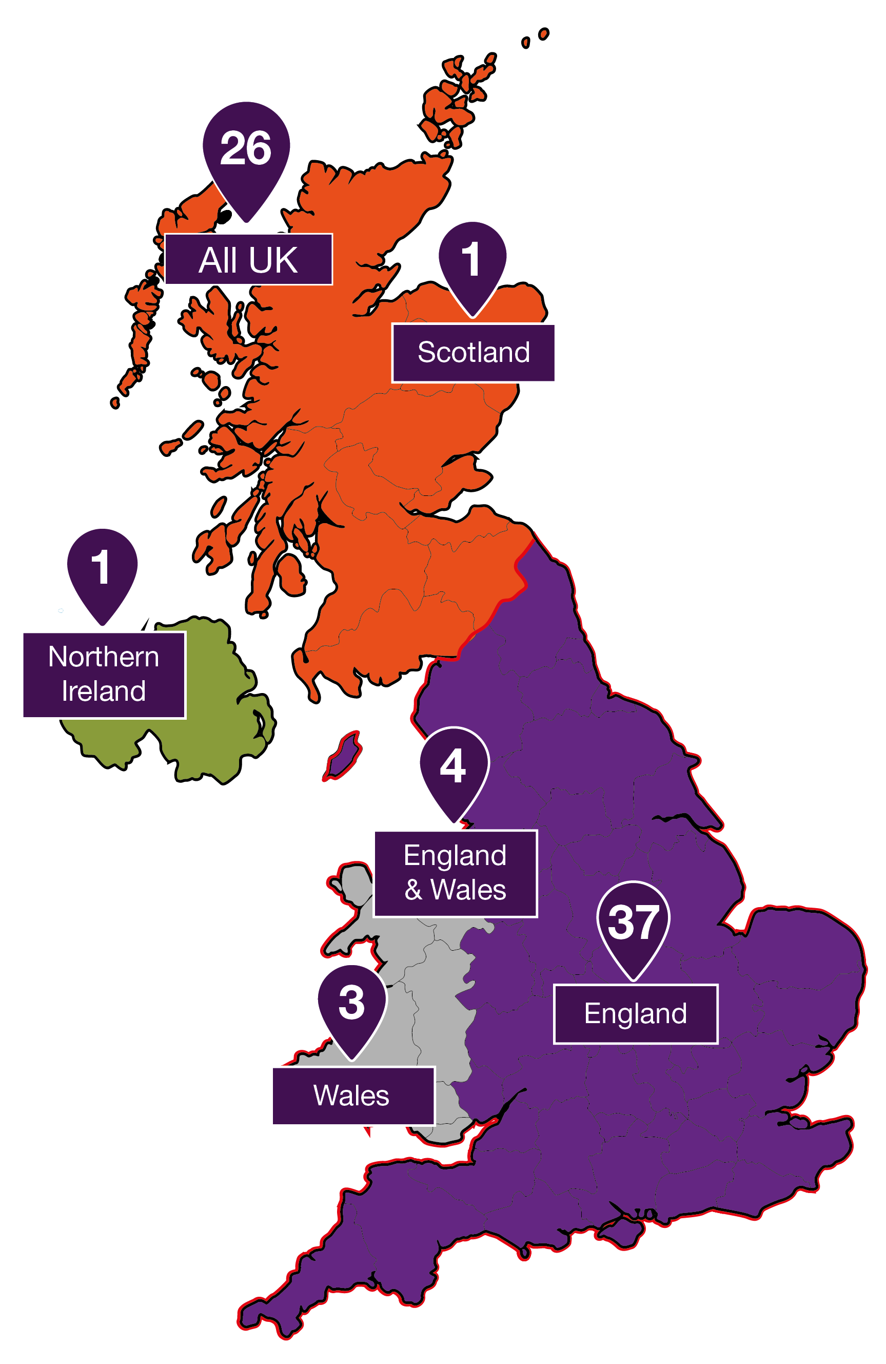 UK map showing numbers of grants issued by country