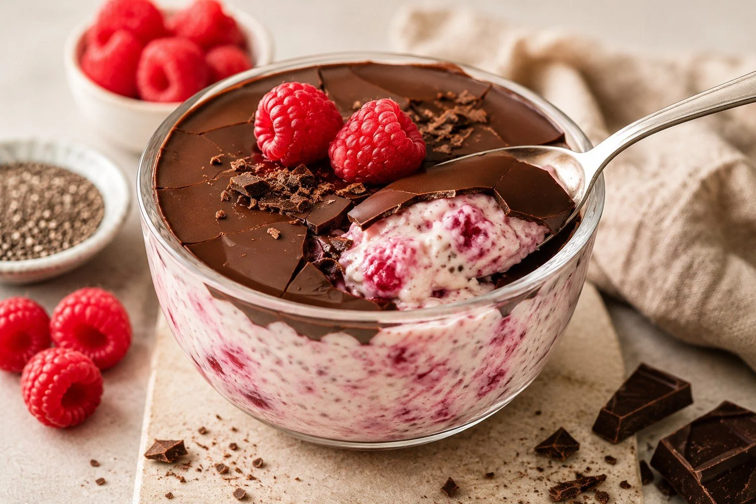 Chocolate Raspberry Chia Yoghurt Pot