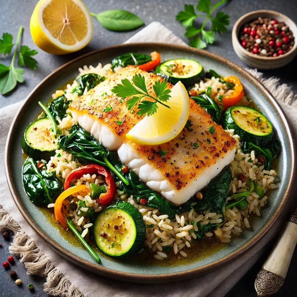Baked Cod with Sautéed Spinach and Brown Rice Recipe (Includes Plant ...