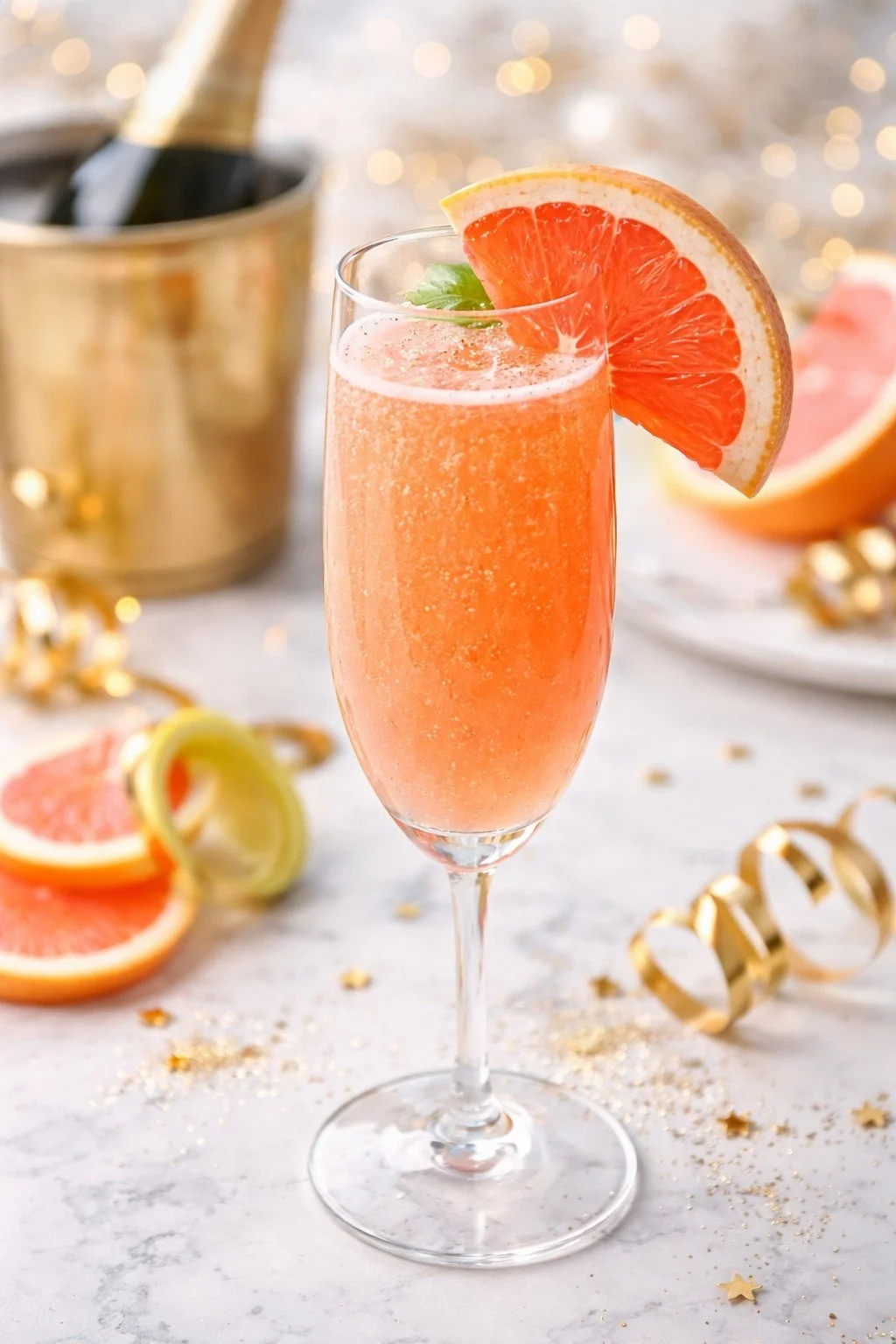 Grapefruit champagne style mocktail served in a champagne flute with pink grapefruit garnish, alcohol free sparkling drink for New Year’s Eve