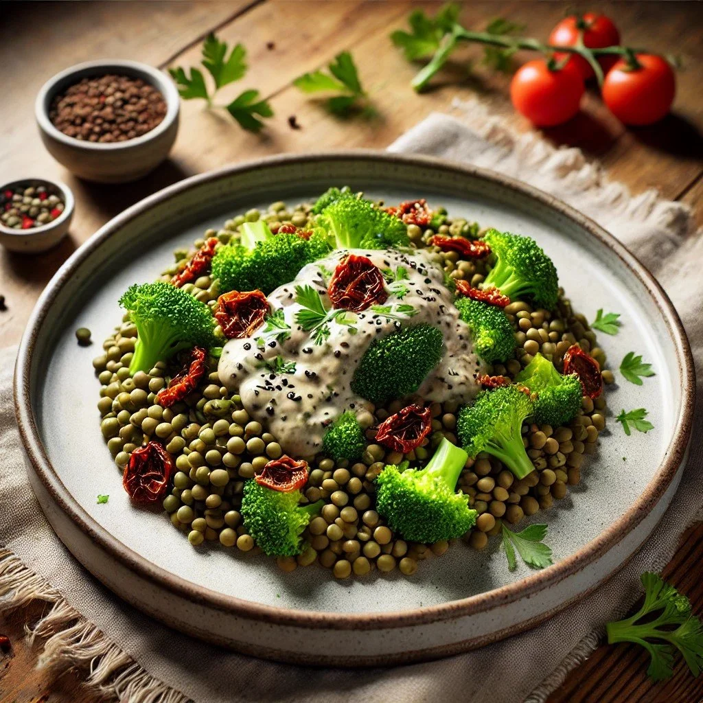 Healthy Broccoli, Lentil & SunDried Tomato Salad with Tahini Drizzle