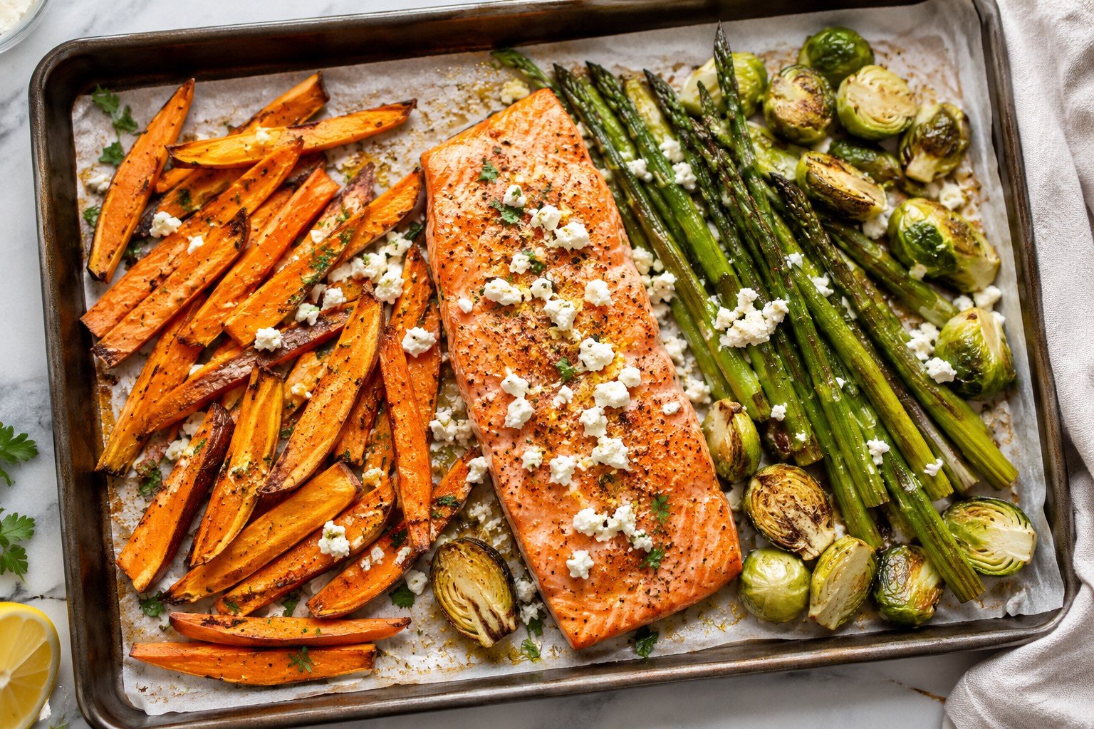 Salmon with Sweet Potato, Asparagus and Feta