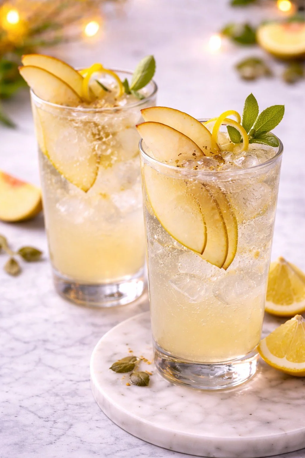Pear cardamom fizz mocktail served over ice in a clear glass with fresh pear slices and sparkling water