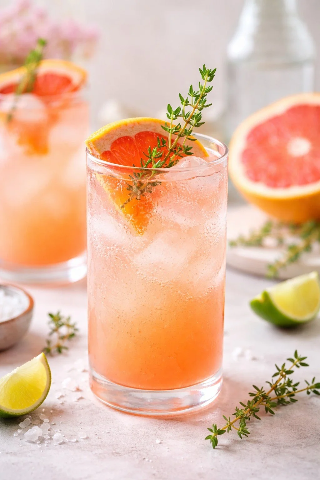 Easy grapefruit spritz mocktail served over ice with fresh thyme and citrus, a refreshing alcohol free festive drink