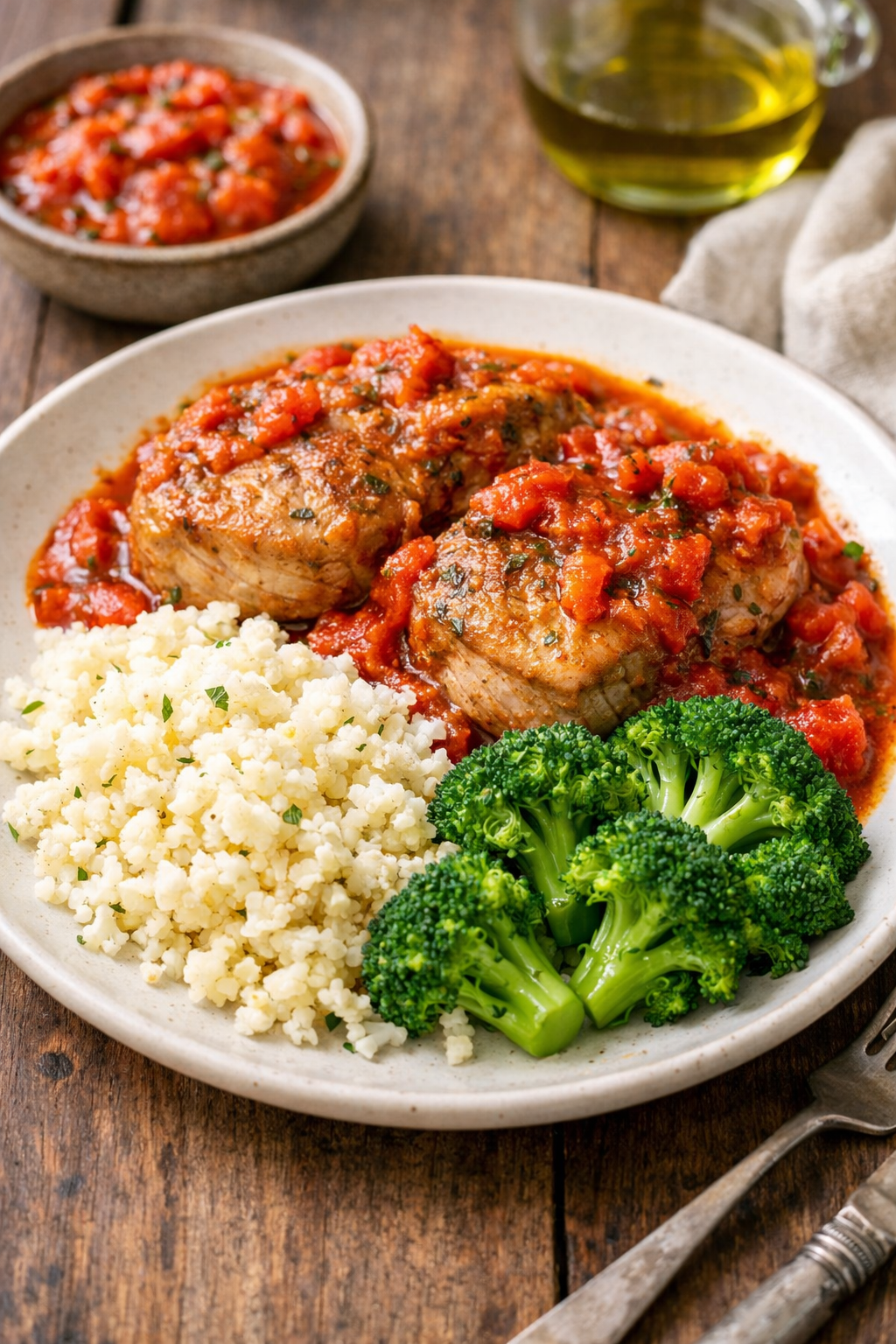 Oven Braised Pork with Tomato, Broccoli and Cauliflower Rice 