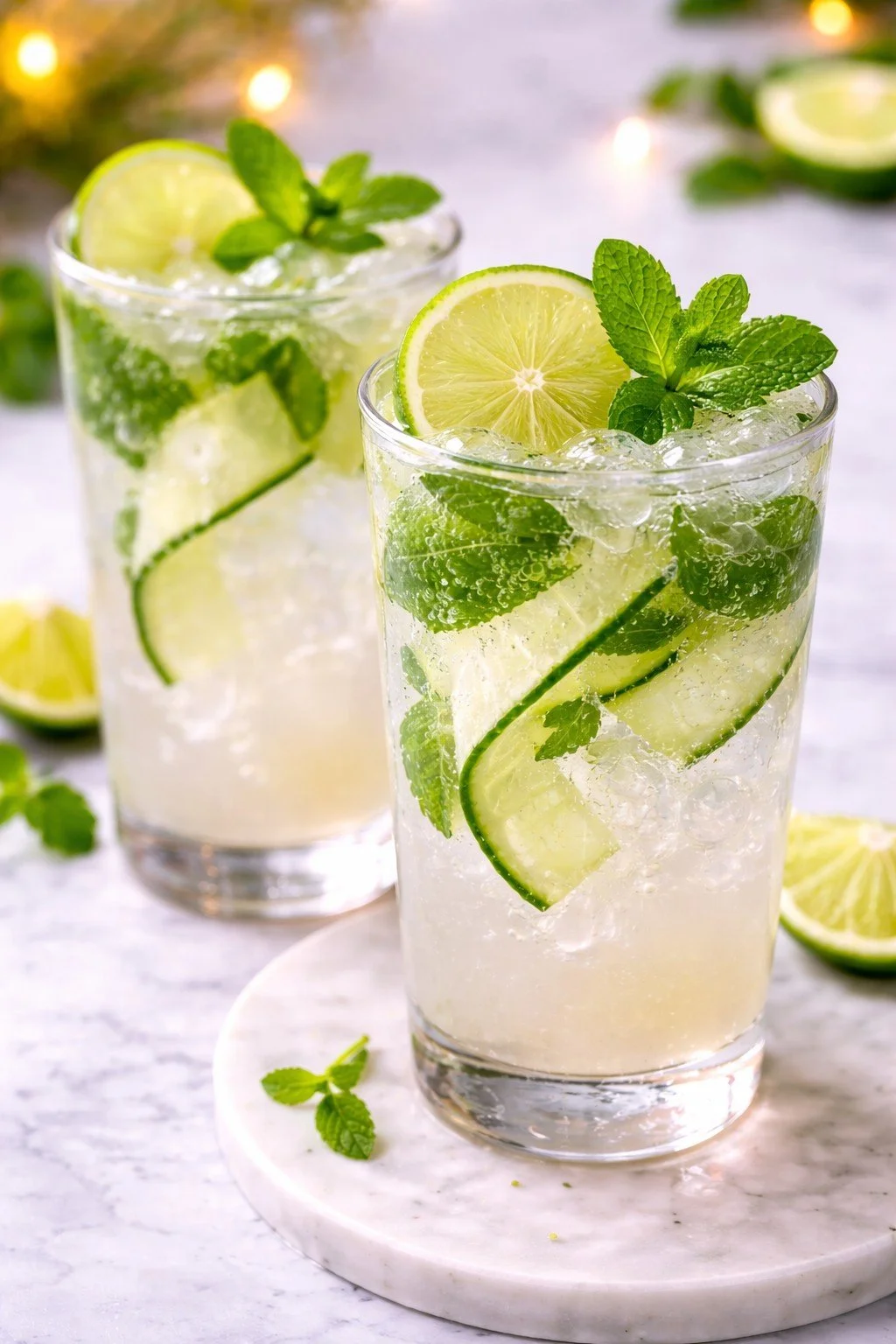 Glass of coconut lime mocktail with fresh mint, cucumber ribbons and lime, served over ice on a light background.