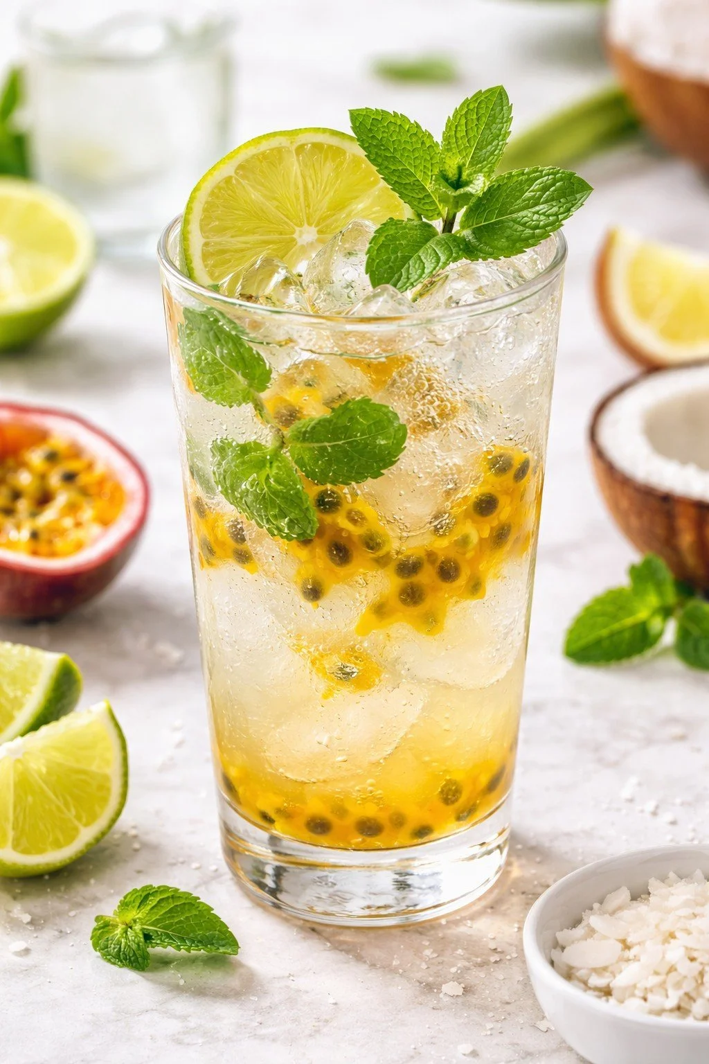 Virgin passionfruit coconut mocktail made with coconut water, lime and fresh mint, served over ice as a refreshing alcohol free drink