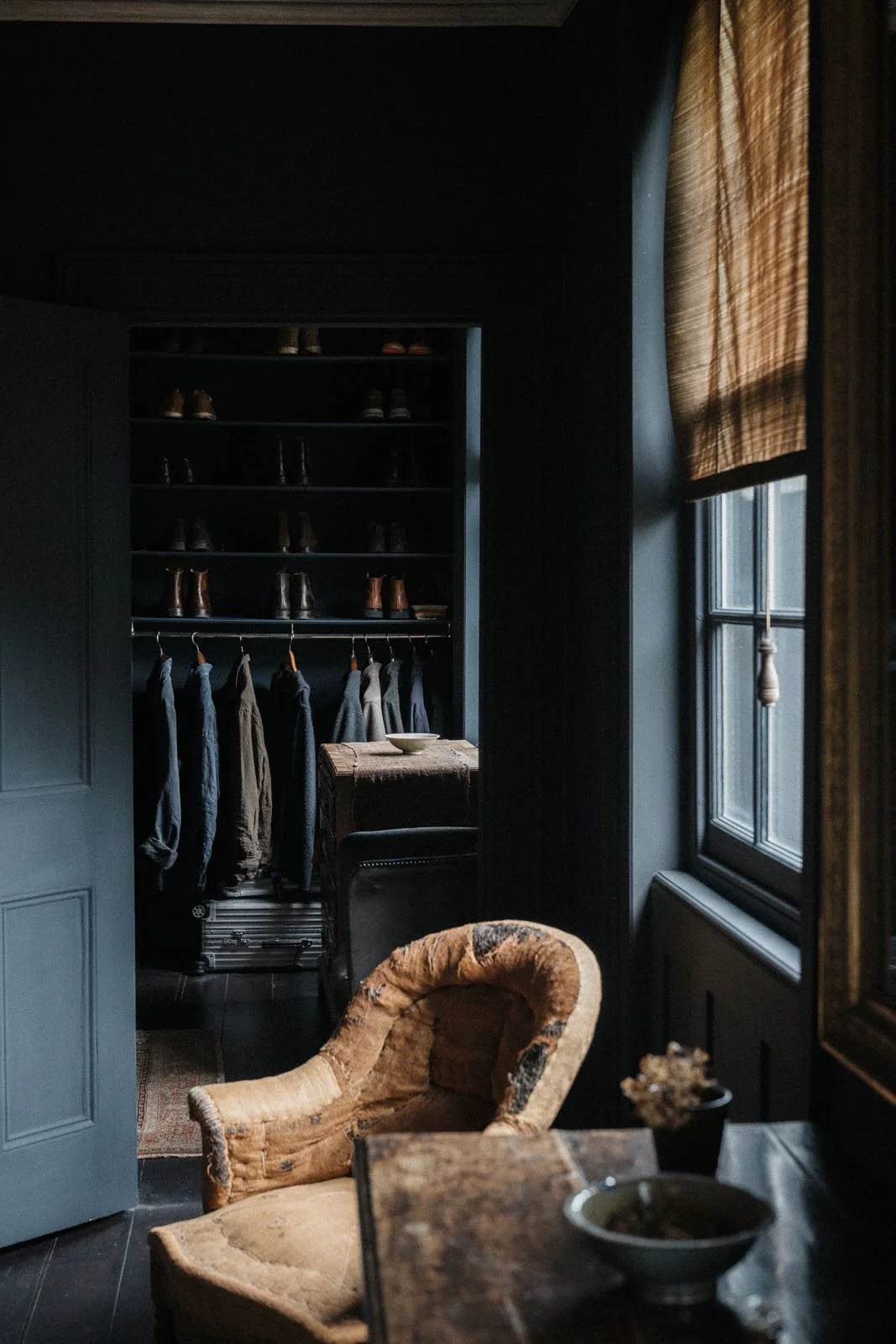 Nigel Slater's bedroom  painted in Night, our deep near-black blue paint colour.