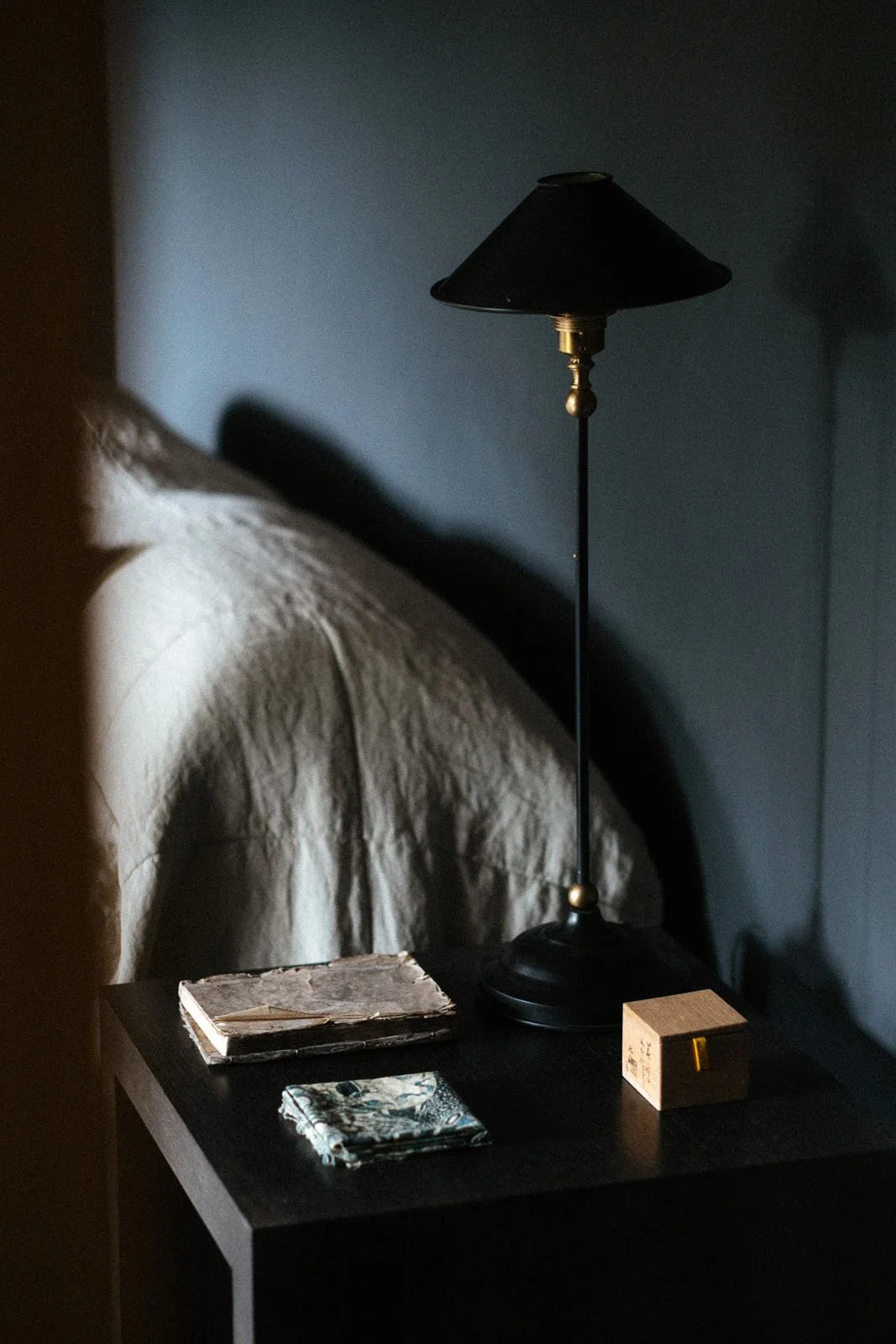 Nigel Slater's bedroom  painted in Night, our deep near-black blue paint colour.