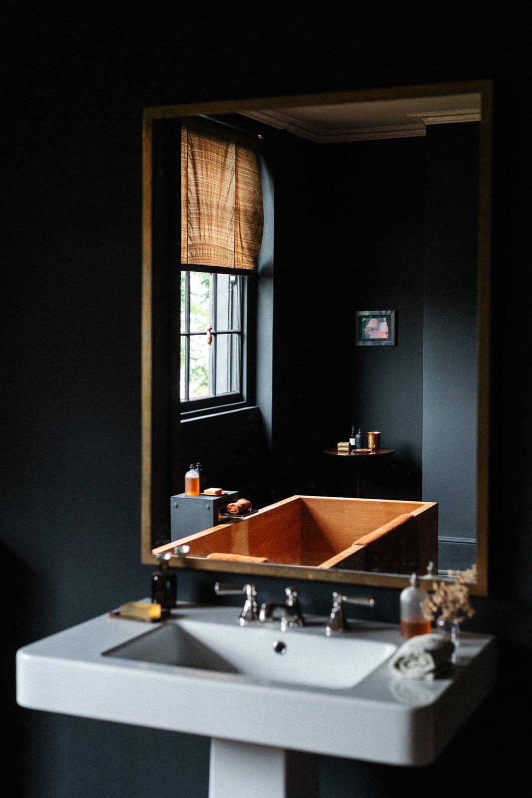 Nigel Slater's bathroom painted in Aged Black, our soft chalky faded black paint colour.