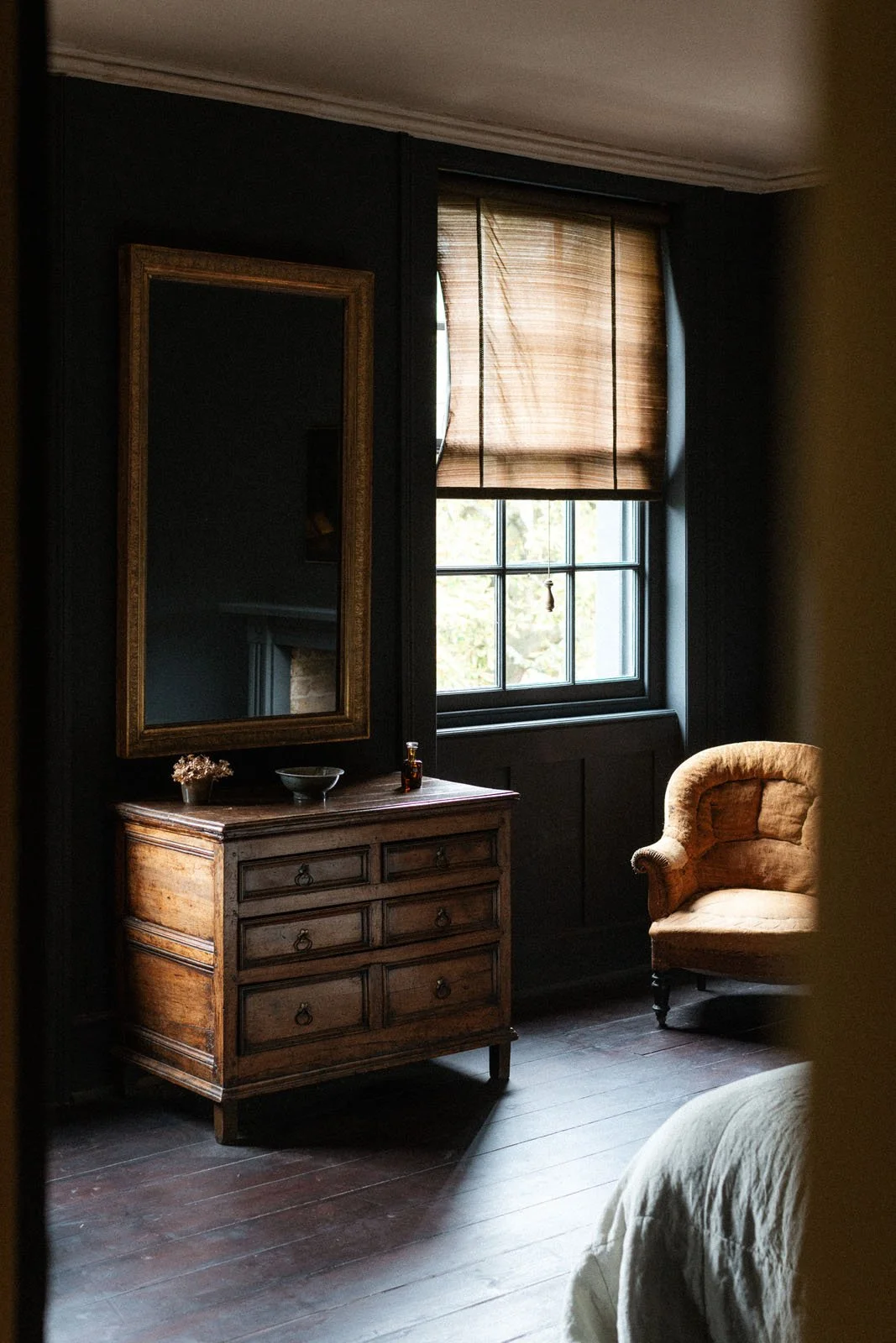 Nigel Slater's bedroom  painted in Night, our deep near-black blue paint colour.