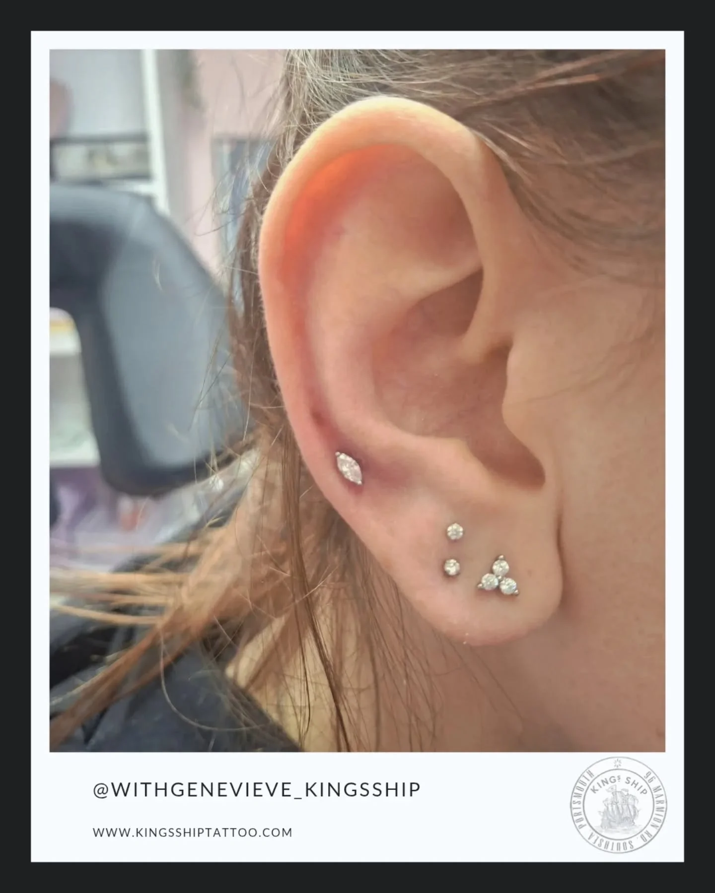 @withgenevieve_kingsship 

Ear piercing specialist
Curated ear projects
Jewellery styling 
Piercing party 
Southsea's charm necklace bar
Brow Lamination 
Laser tattoo removal

Genevieve works by appointment only. Instant book via Fresha. Check out he