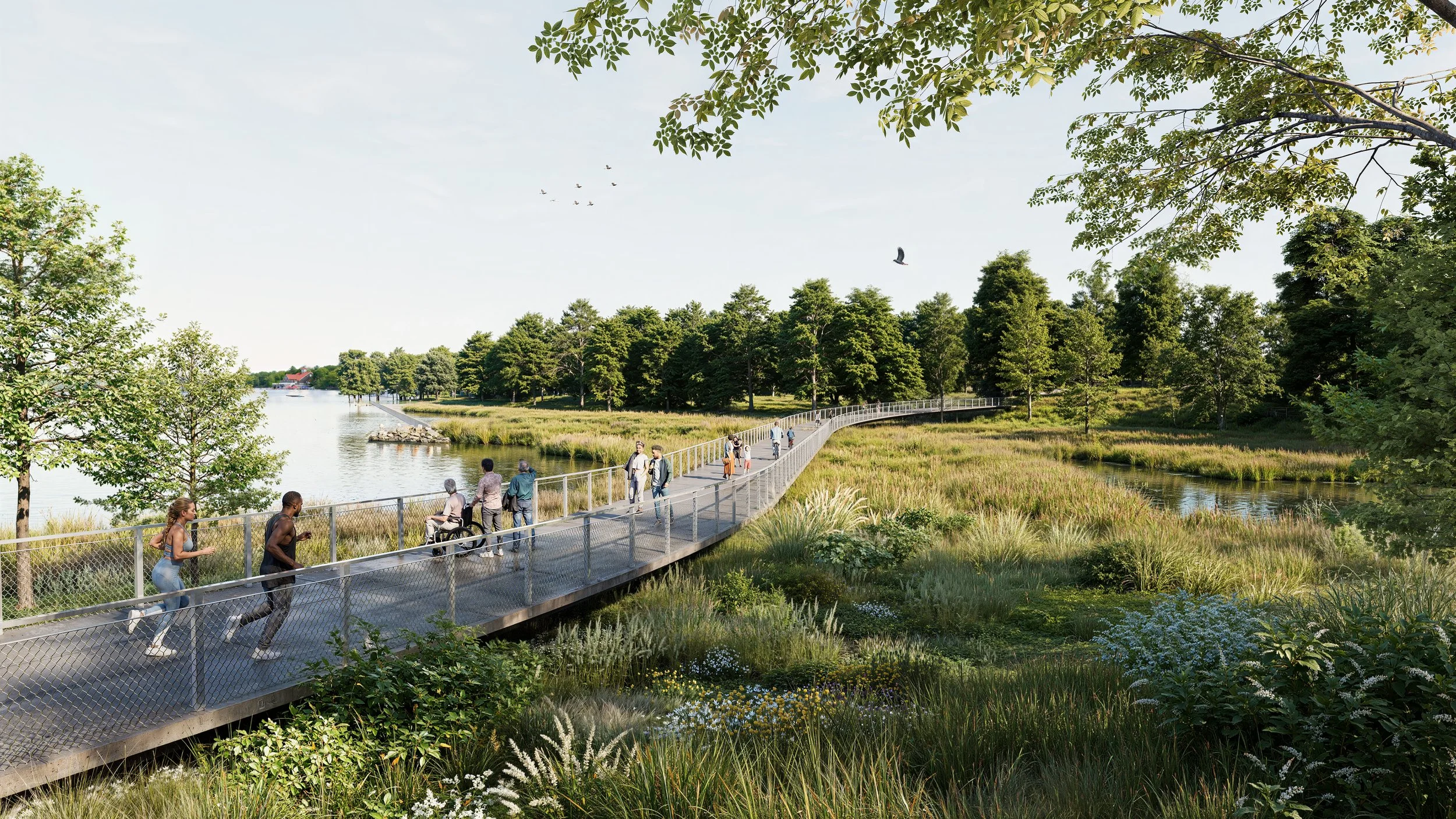 Rendering of people enjoying a pathway over restored wetlands at Smith Cove with the treeline in the distance.