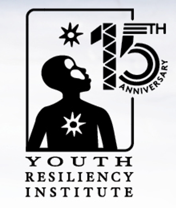  “Youth Resiliency Institute 15th anniversary” in black text with white background under a drawing of a person in black with a white star on their chest looking up at a black star. 