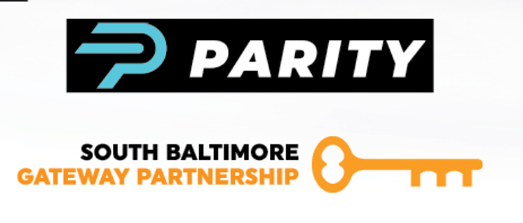  SBGP logo. White background with "South Baltimore" in black above "Gateway Partnership" in orange.  Text to the right of an orange key. 
