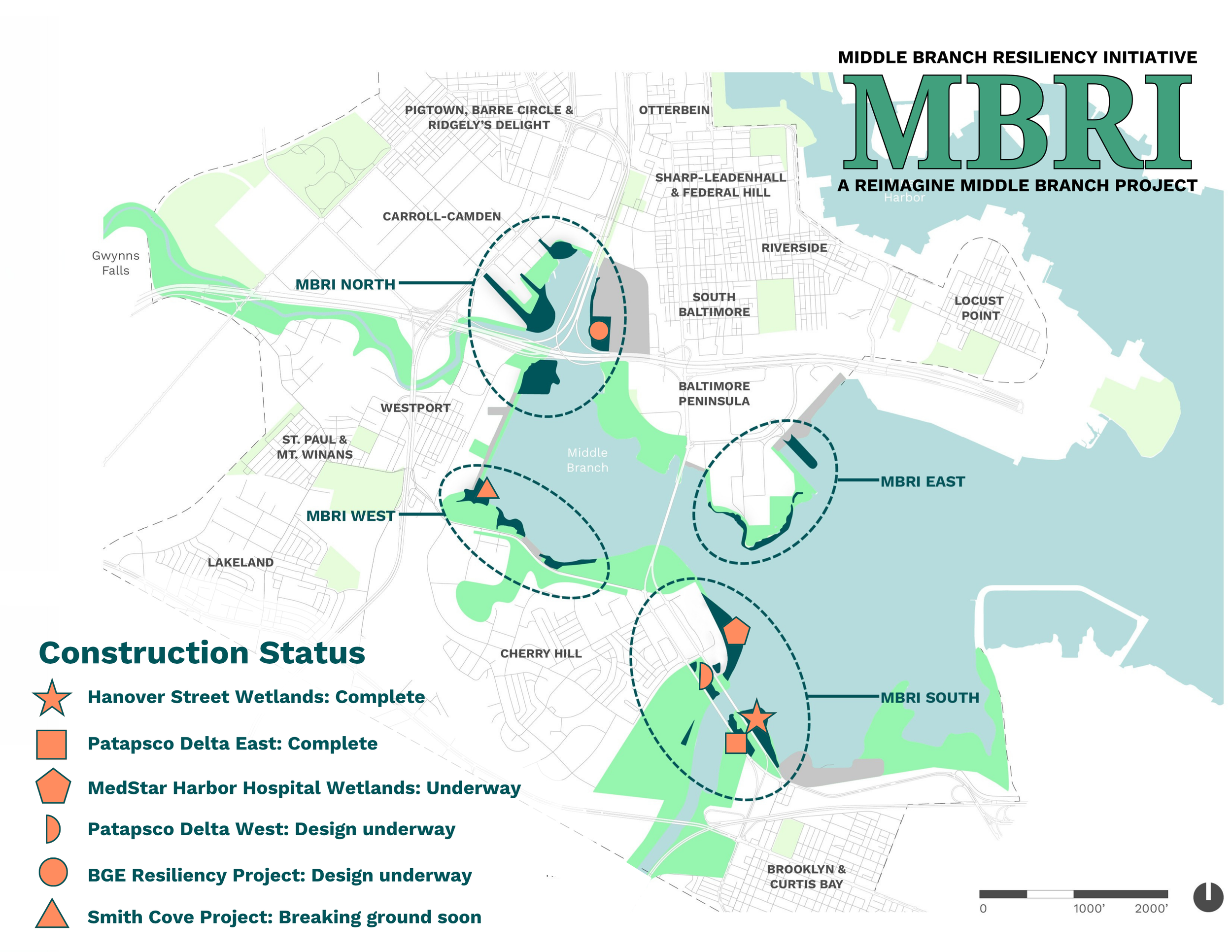 Aerial view of the MBRI wetlands. The map legend marks the different sites with orange shapes and are organized by south, east, north, and west.