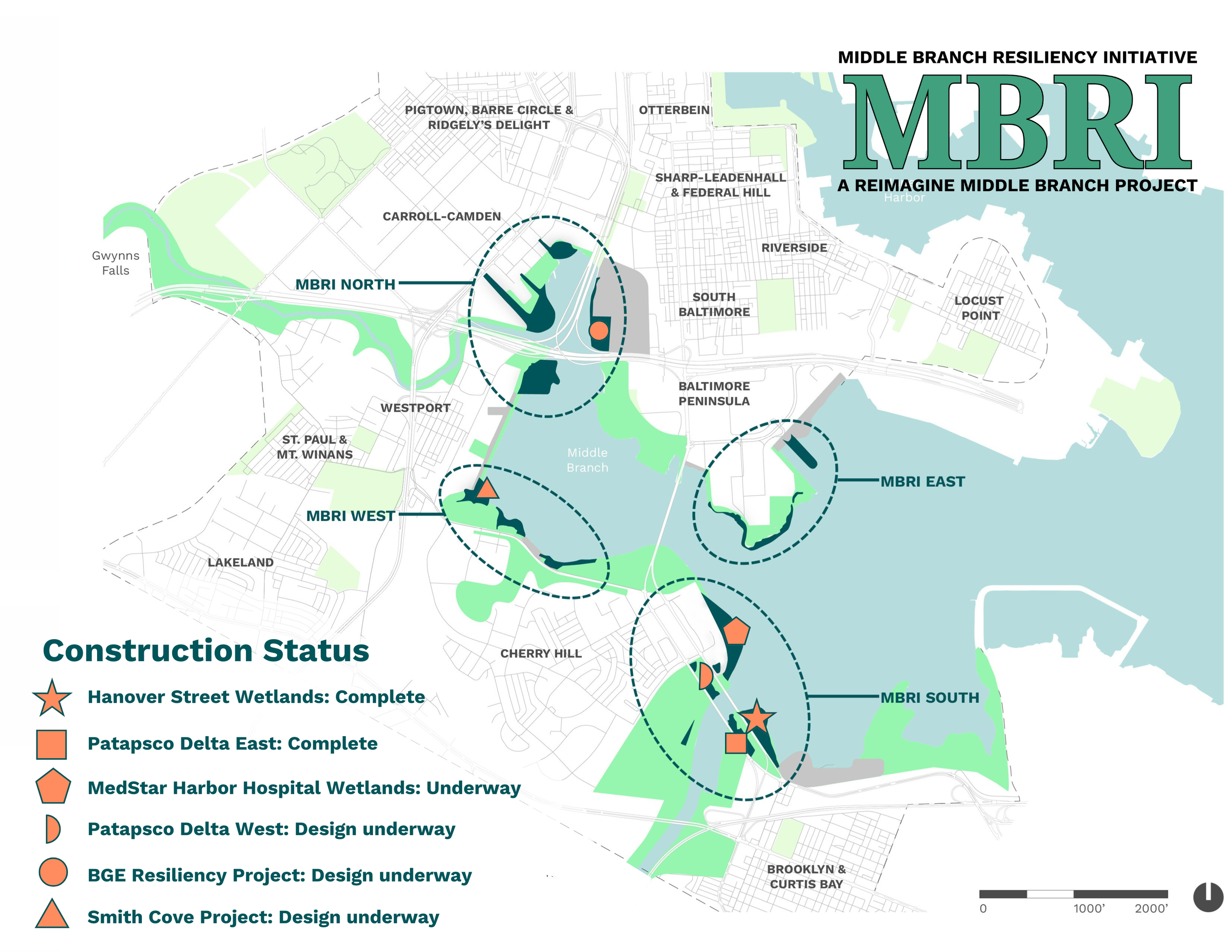 Aerial view of the MBRI wetlands. The map legend marks the different sites with orange shapes and are organized by south, east, north, and west.
