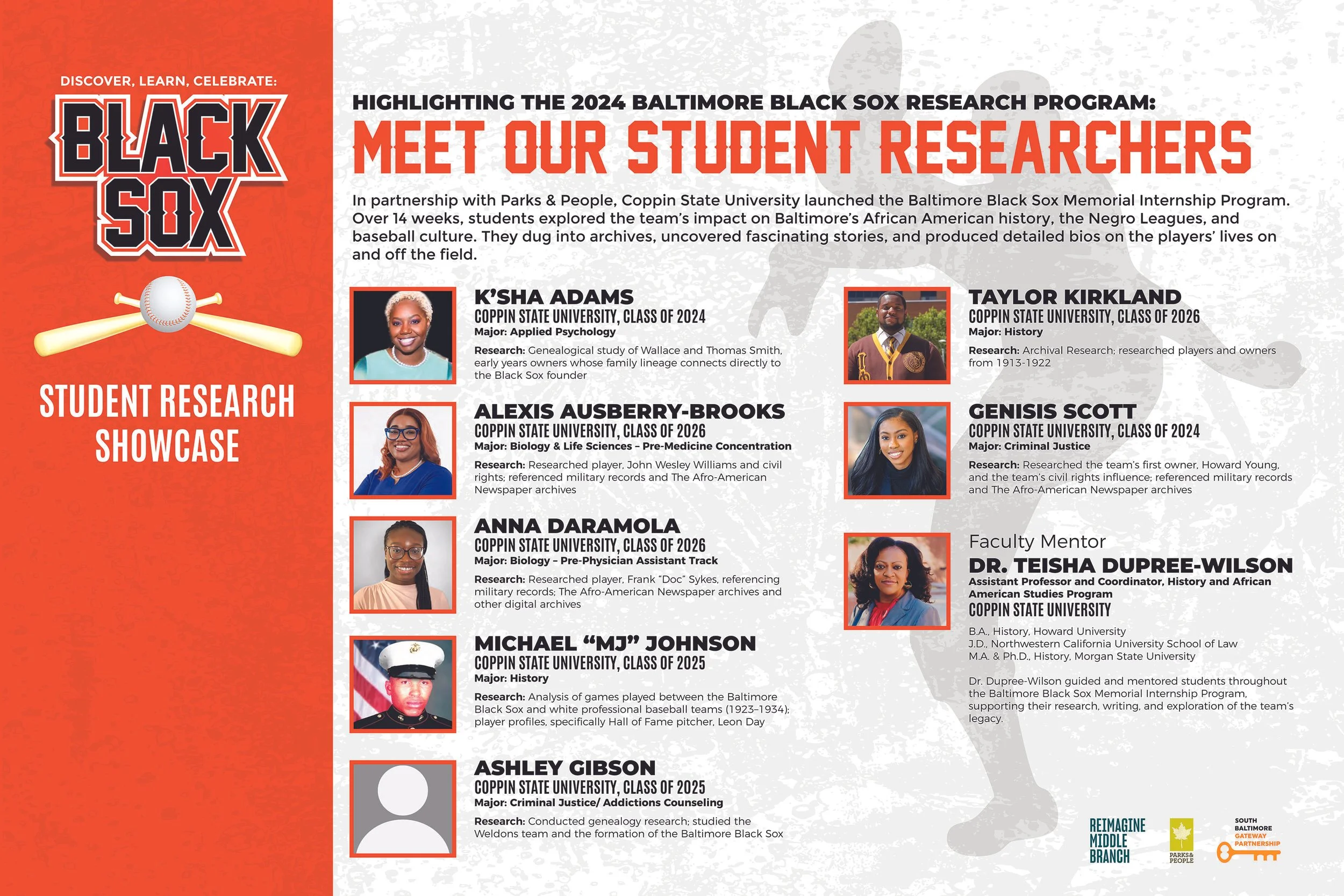 Orange and white graphic showing the head shots of the students and professor next to black text overivew of their study and research topics.