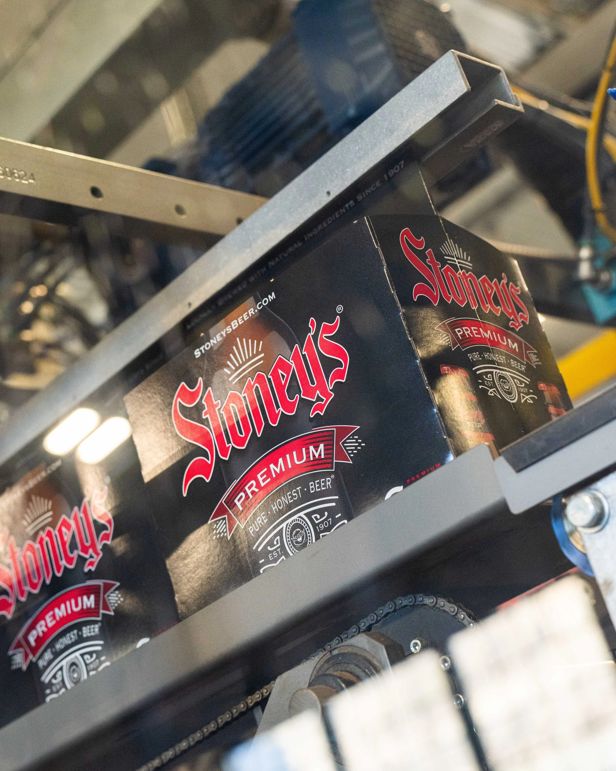 Stoney's Premium all-malt American lager case on production line Pennsylvania brewed pilsner alternative no corn syrup no additives