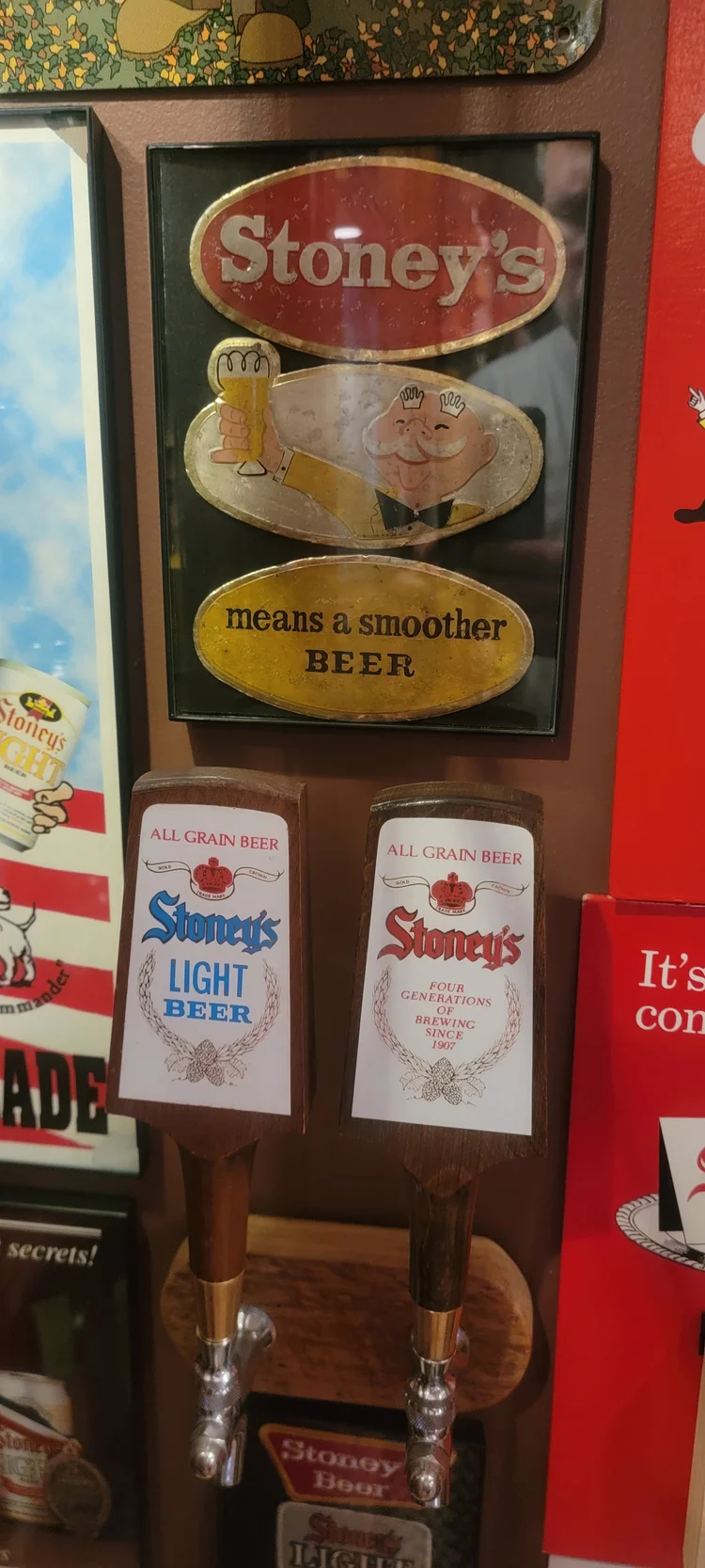 Stoney's oval sign over a stocked shelf of cans