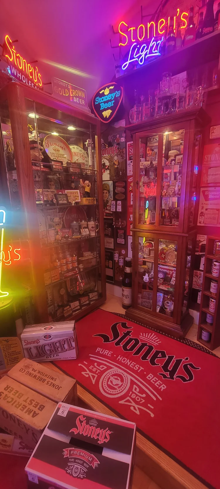 Stoney's Light corner display glowing in neon
