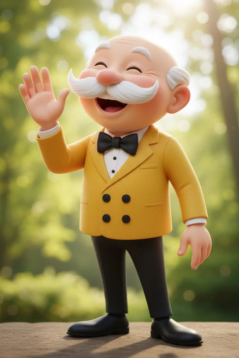 Professional portrait of Mr. Smoothie, the smiling mascot of Stoney’s Beer, wearing a yellow jacket and waving in front of a blurred background.
