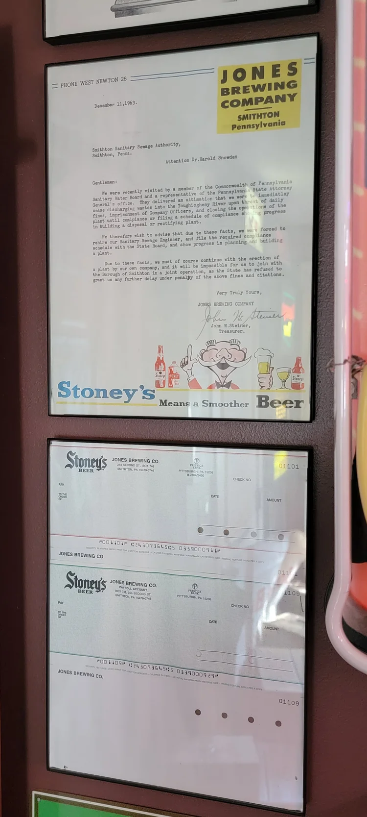 Framed Jones Brewing Co. documents and letters