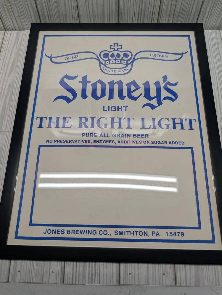 Framed blue Stoney's Light The Right Light sign, Jones Brewing Co. Smithton