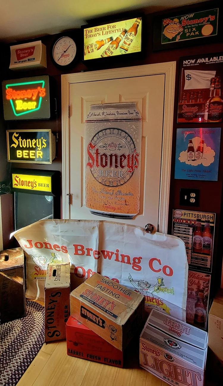 Jones Brewing Co. crate and Stoney's signs around a doorway