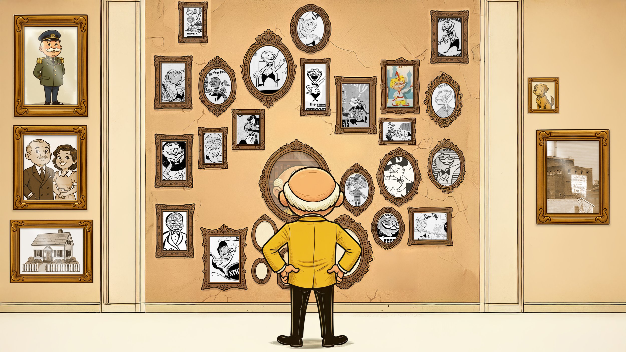 Illustration of Mr. Smoothie, the Stoney’s Beer mascot, standing in front of a vintage family photo wall filled with framed portraits, historic brewery memories, and nostalgic artwork.
