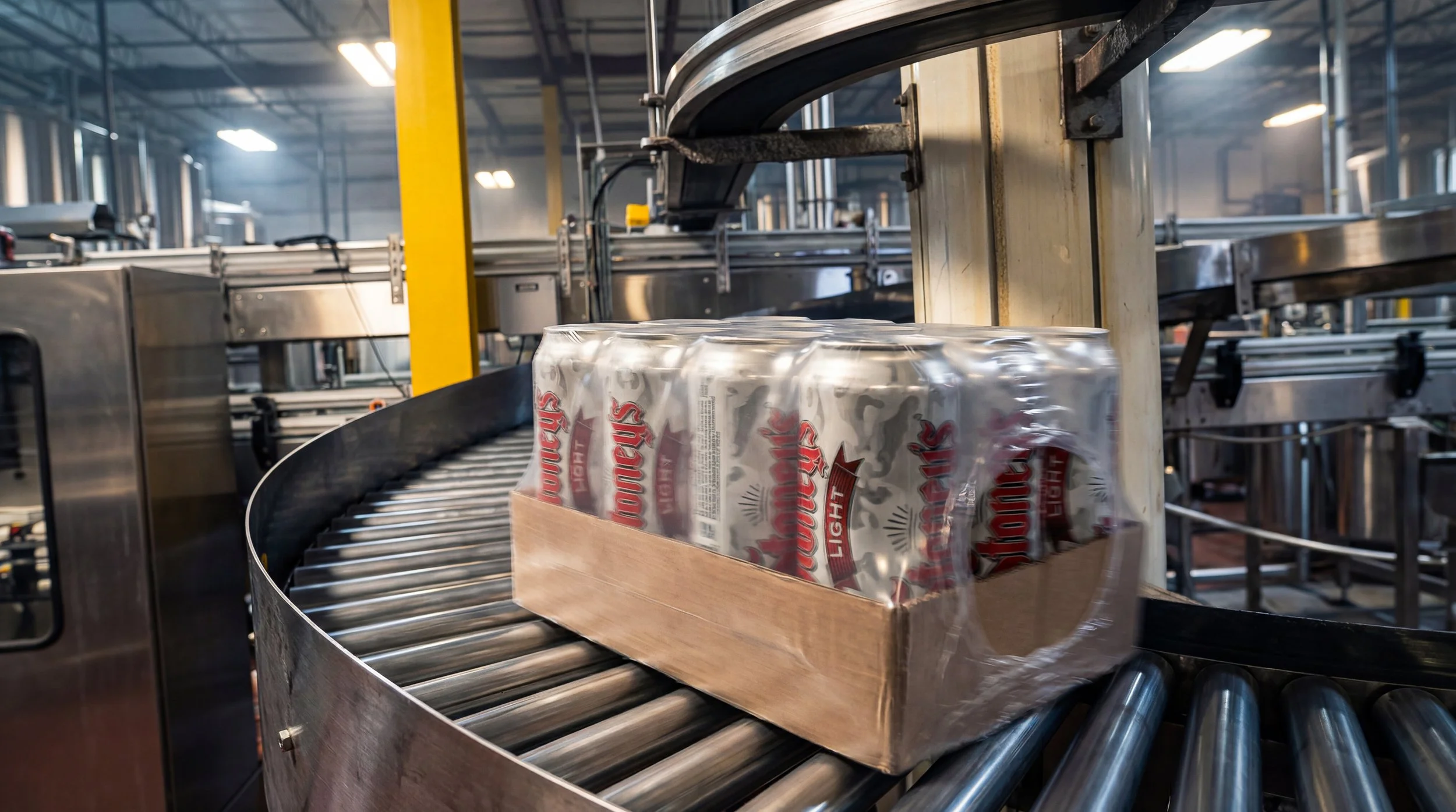 Stoney’s Light 24oz camo can spinning through the canning line during production in Latrobe, Pennsylvania.