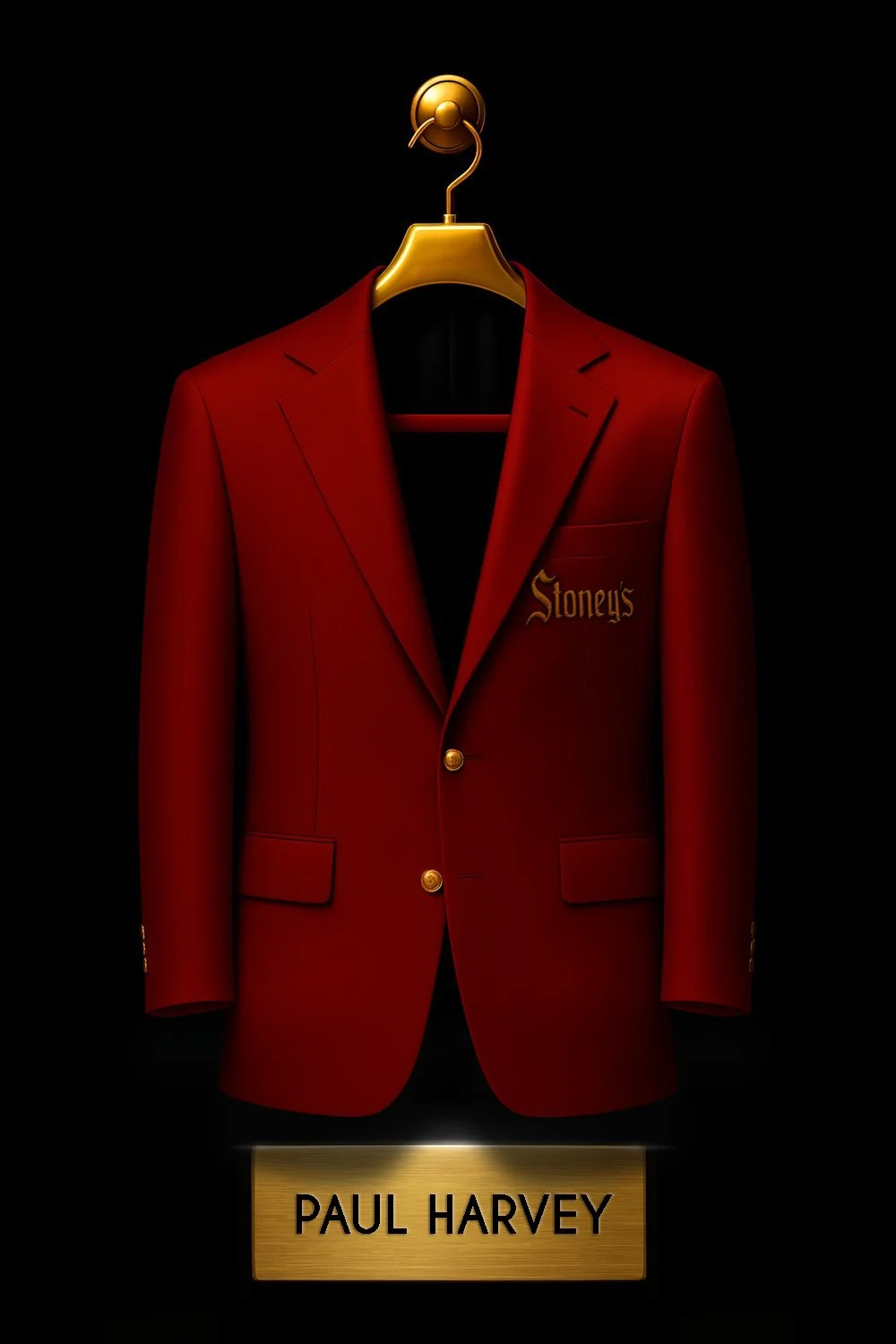 A red blazer with gold buttons and an embroidered patch reading 'Stoney's' hanging on a golden hanger against a black background.