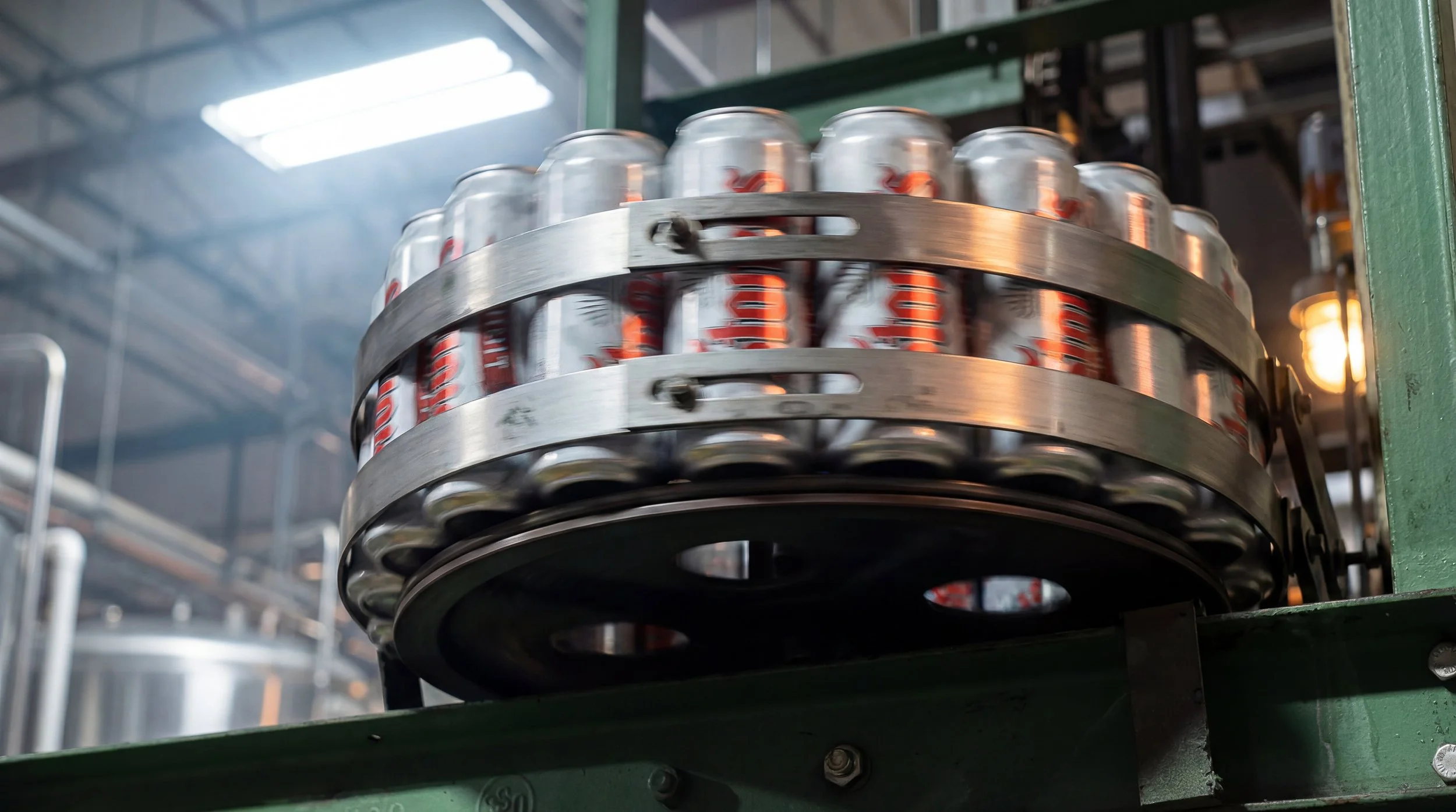 Stoney’s Light 24oz camo can spinning through the canning line during production in Latrobe, Pennsylvania.
