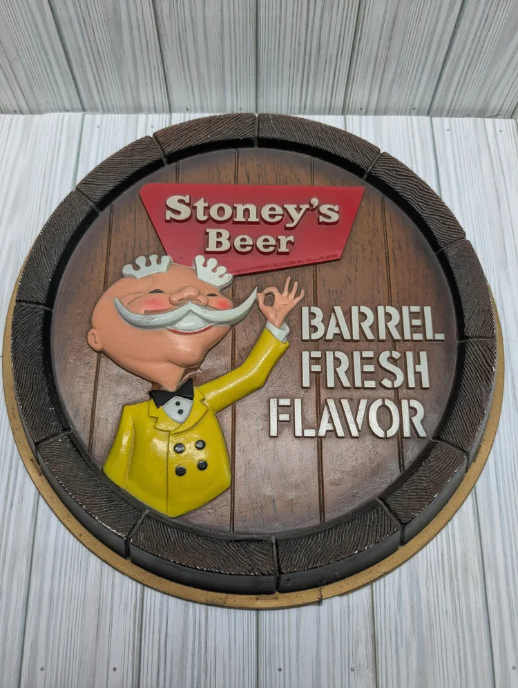 Vintage wooden Stoney's Beer Barrel Fresh Flavor sign with Mr. Smoothie