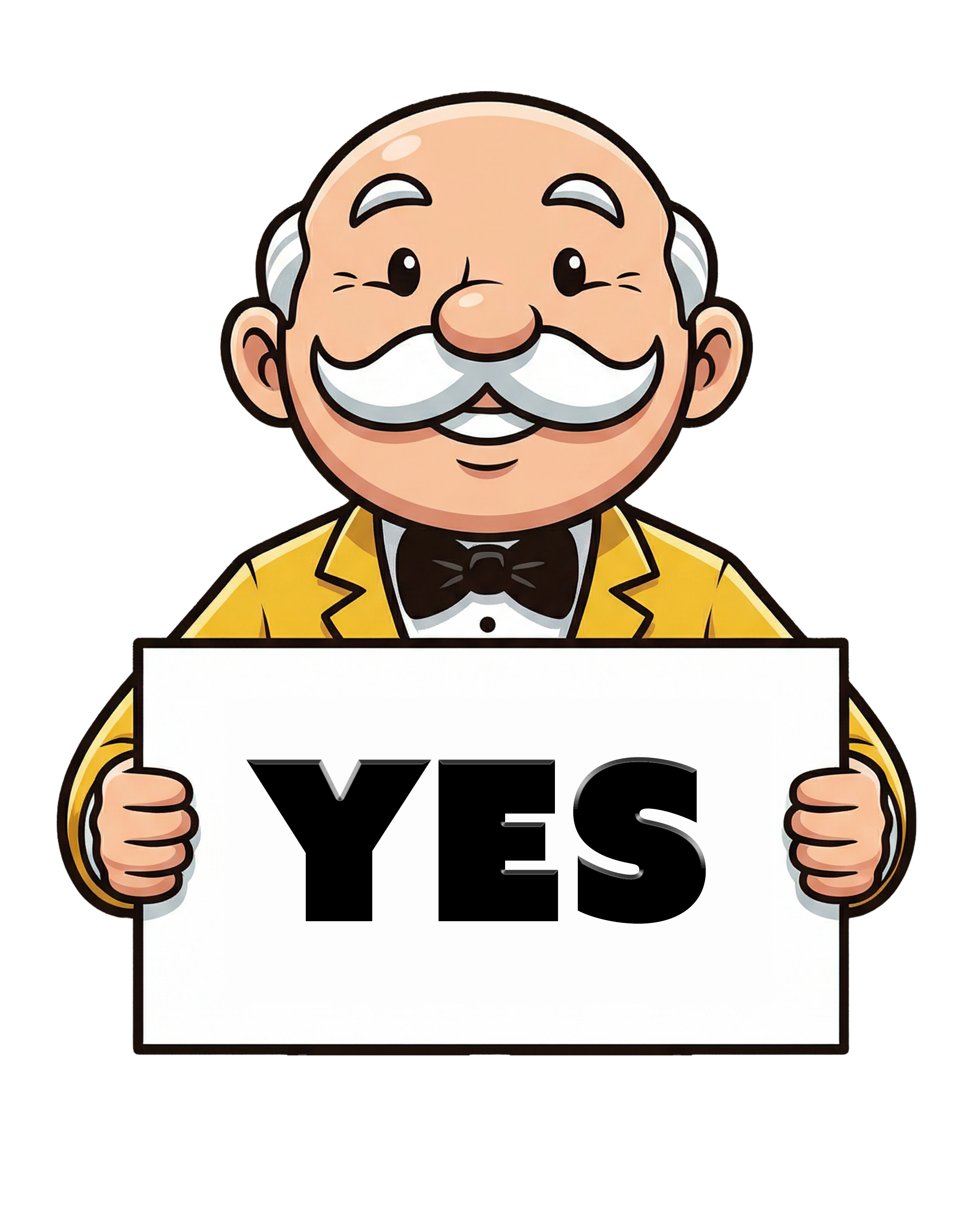 Stoney’s Beer Mr. Smoothie mascot in a yellow jacket holding a white sign that says “YES” on a black background.