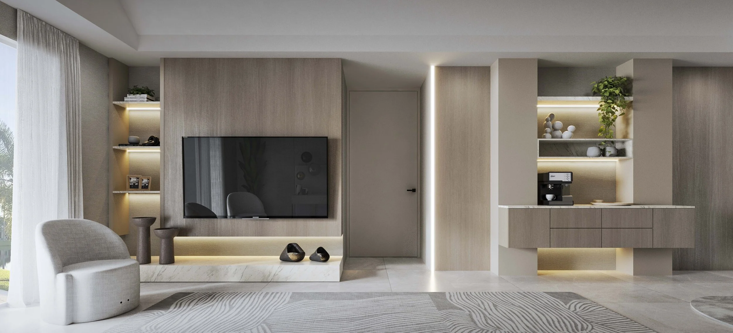 Custom media wall designed with a blend of textures and warm materials. Featuring open shelving for display, hidden storage for functionality, and ambient lighting that adds depth and sophistication to the space