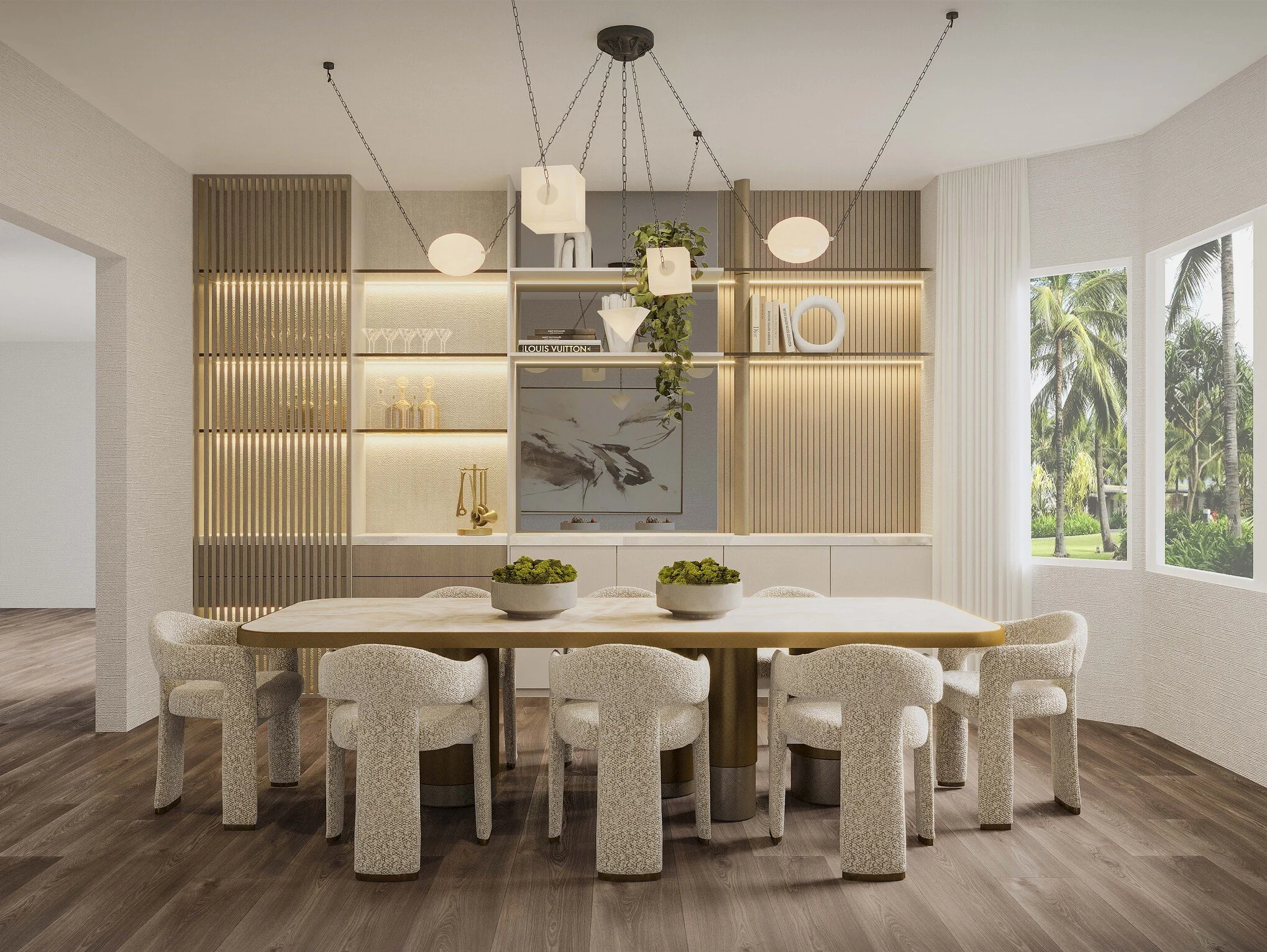 A sophisticated residential dining room centered on a streamlined dining table surrounded by textured, curved chairs. The background features a custom built-in wood unit with vertical slat paneling, backlit floating shelves, bar area, and integrated 