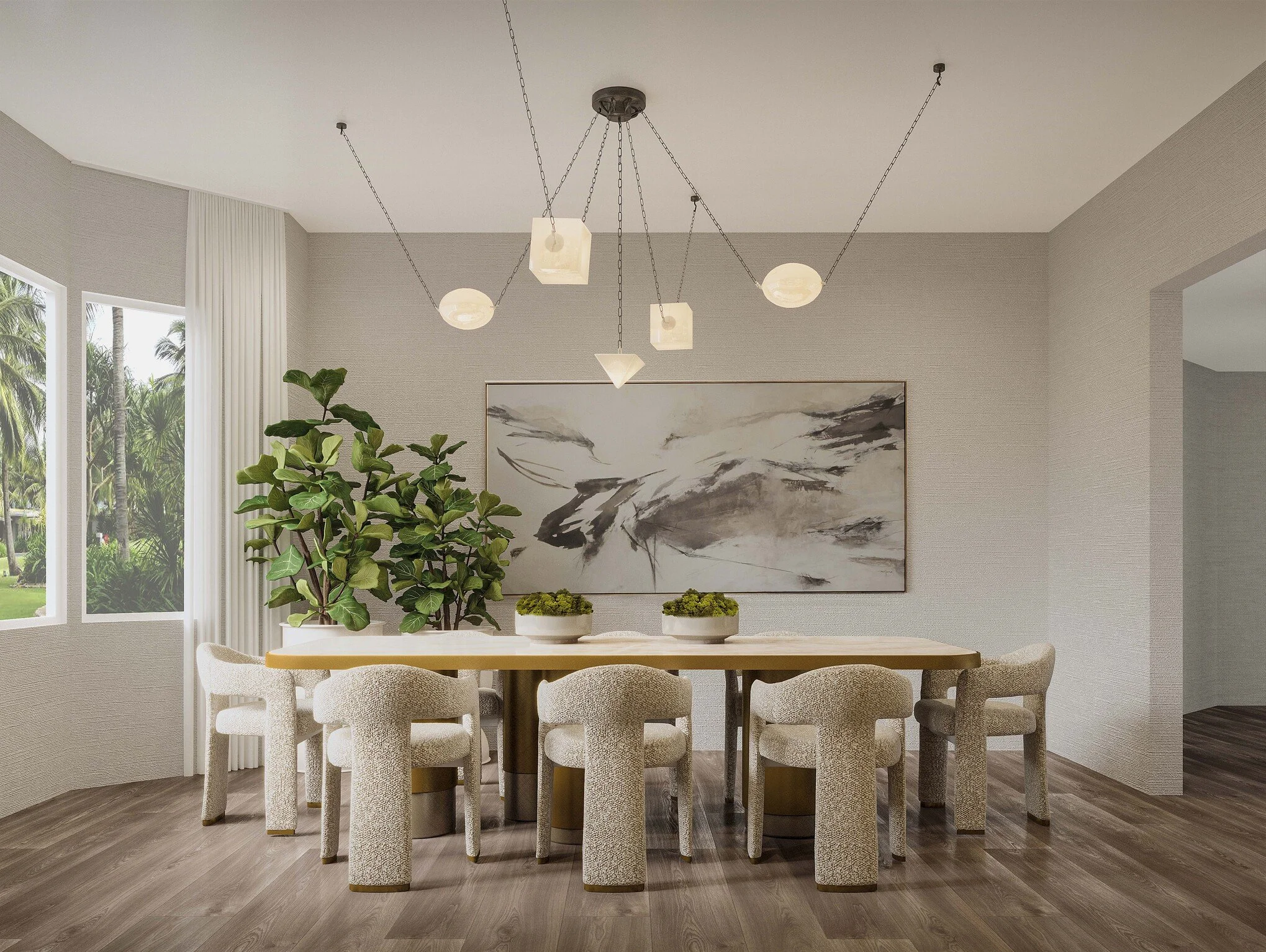 A sophisticated residential dining room centered on a streamlined dining table surrounded by textured, curved chairs. The background features a custom built-in wood unit with vertical slat paneling, backlit floating shelves, bar area, and integrated 