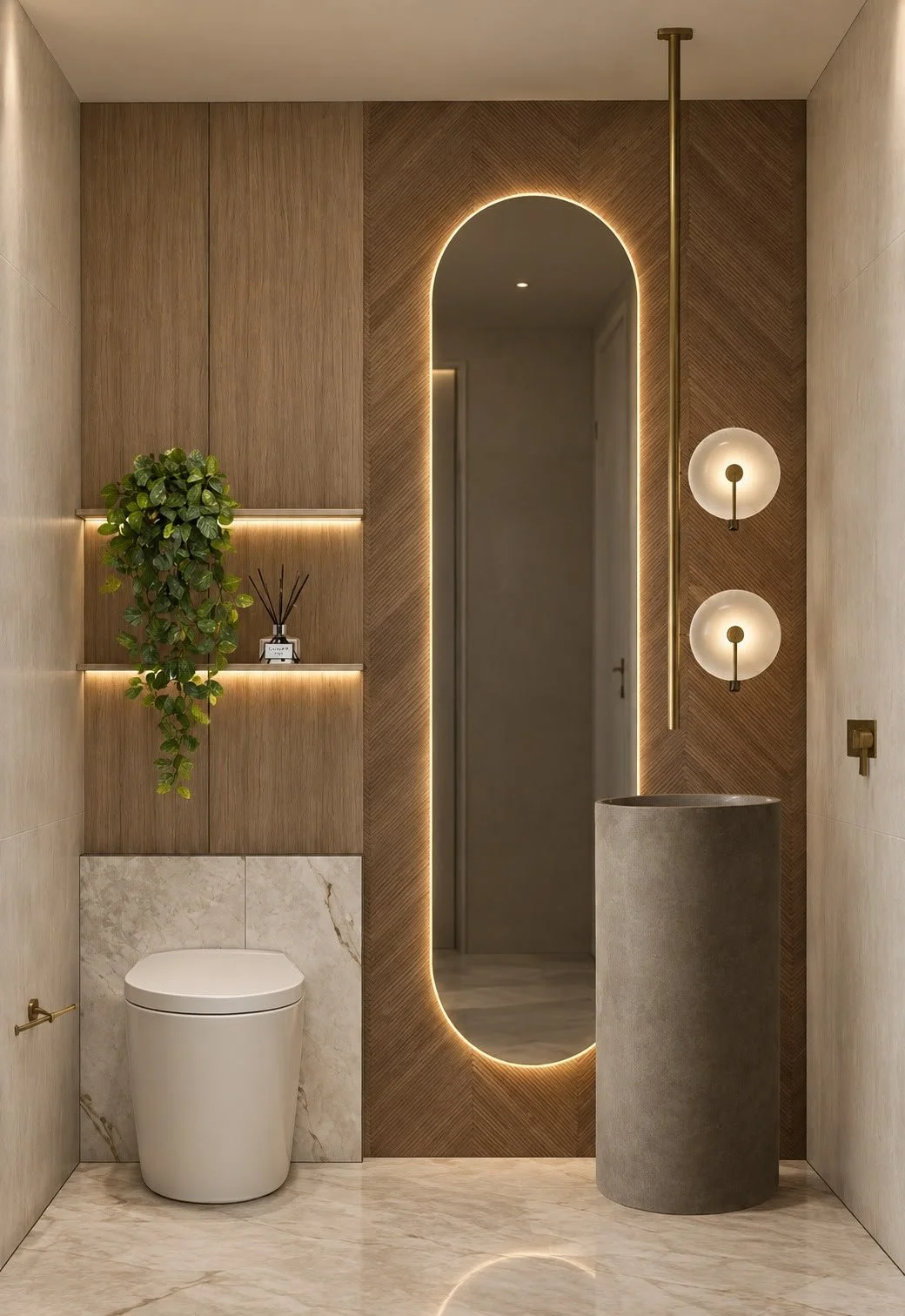 A sophisticated powder bathroom featuring a ceiling-mounted faucet paired with a sculptural pedestal sink, creating a striking focal point. An oval mirror, textured accent tile, and warm wood accents add depth and character, while refined finishes an