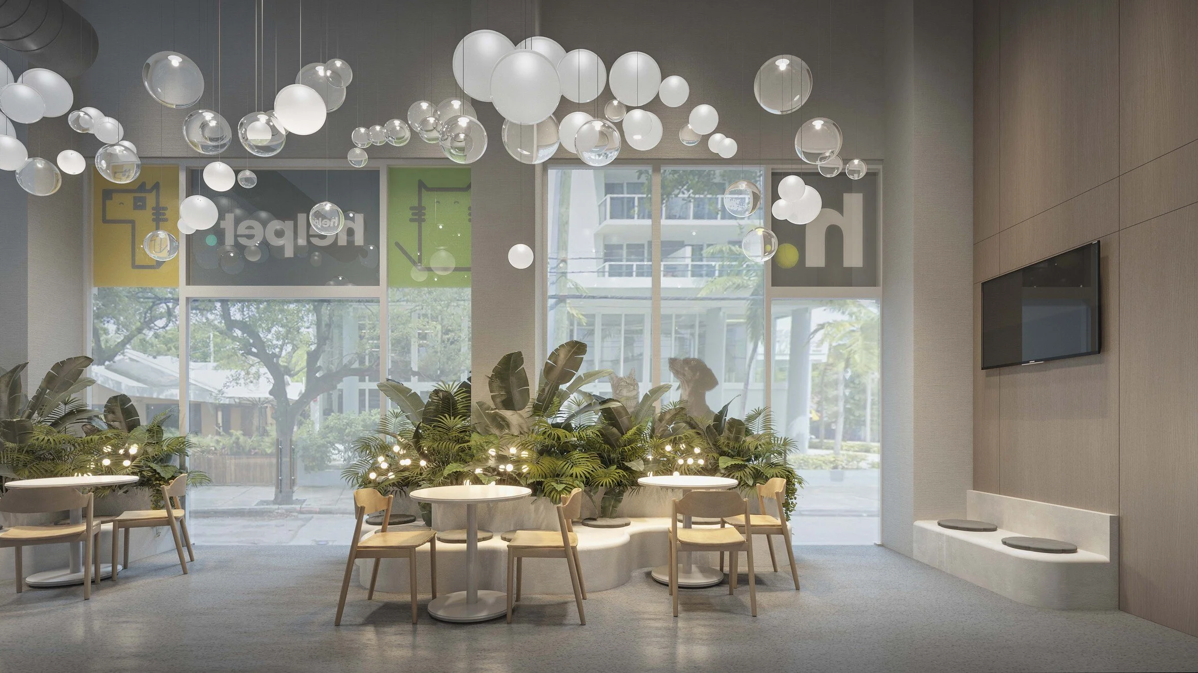 Modern veterinary clinic designed with custom organic furniture featuring soft, fluid shapes that serve as waiting areas for both pets and their owners. Lush greenery, sculptural lighting, and thoughtfully integrated seating create a warm, inviting a