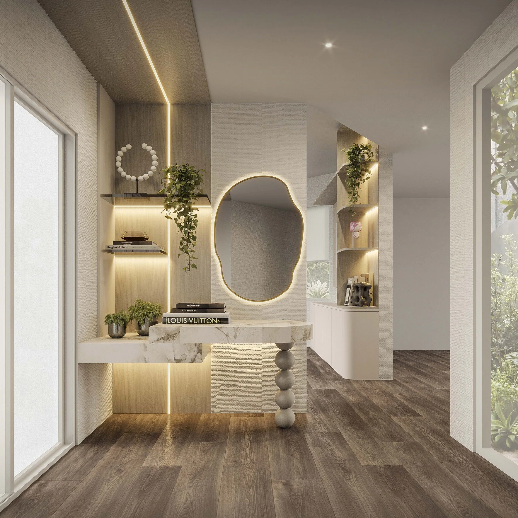 A welcoming residential foyer featuring a custom console table with organically shaped sphere legs as a sculptural statement piece. The entryway is framed by warm wood wall paneling and sleek floating shelves, highlighted by subtle stone accents. An 