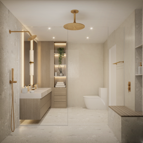 A serene primary bathroom featuring a floating double custome vanity with warm wood finishes, illuminated mirrors, and brushed brass fixtures. A spacious walk-in shower with a ceiling-mounted rain shower enhances the spa-like experience, while custom