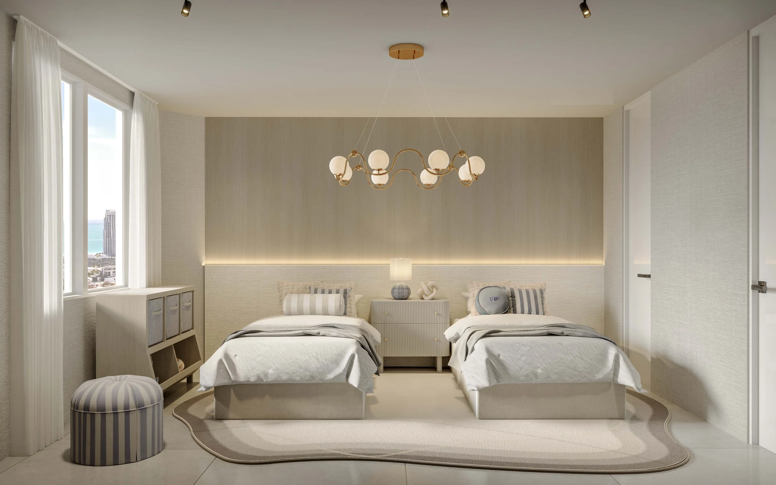 Charming and cozy boys bedroom with soft neutral tones and elegant textures. Featuring twin beds with soft neutral bedding, a textured wool area rug. The wood accent wall with integrated LED lighting creates warmth and depth, while the modern brass c