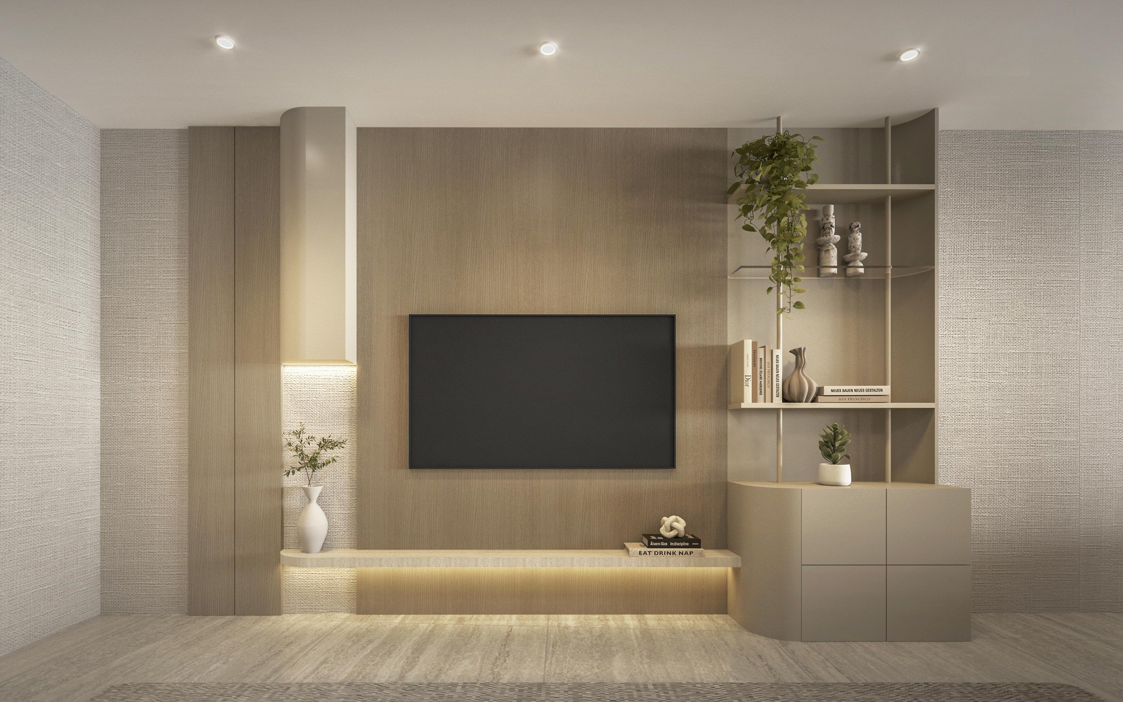 A sleek custom media wall designed for the primary bedroom, featuring a refined combination of taupe wood finishes, integrated LED lighting, and a balance of open and closed storage. A floating shelf-style console provides a clean architectural eleme