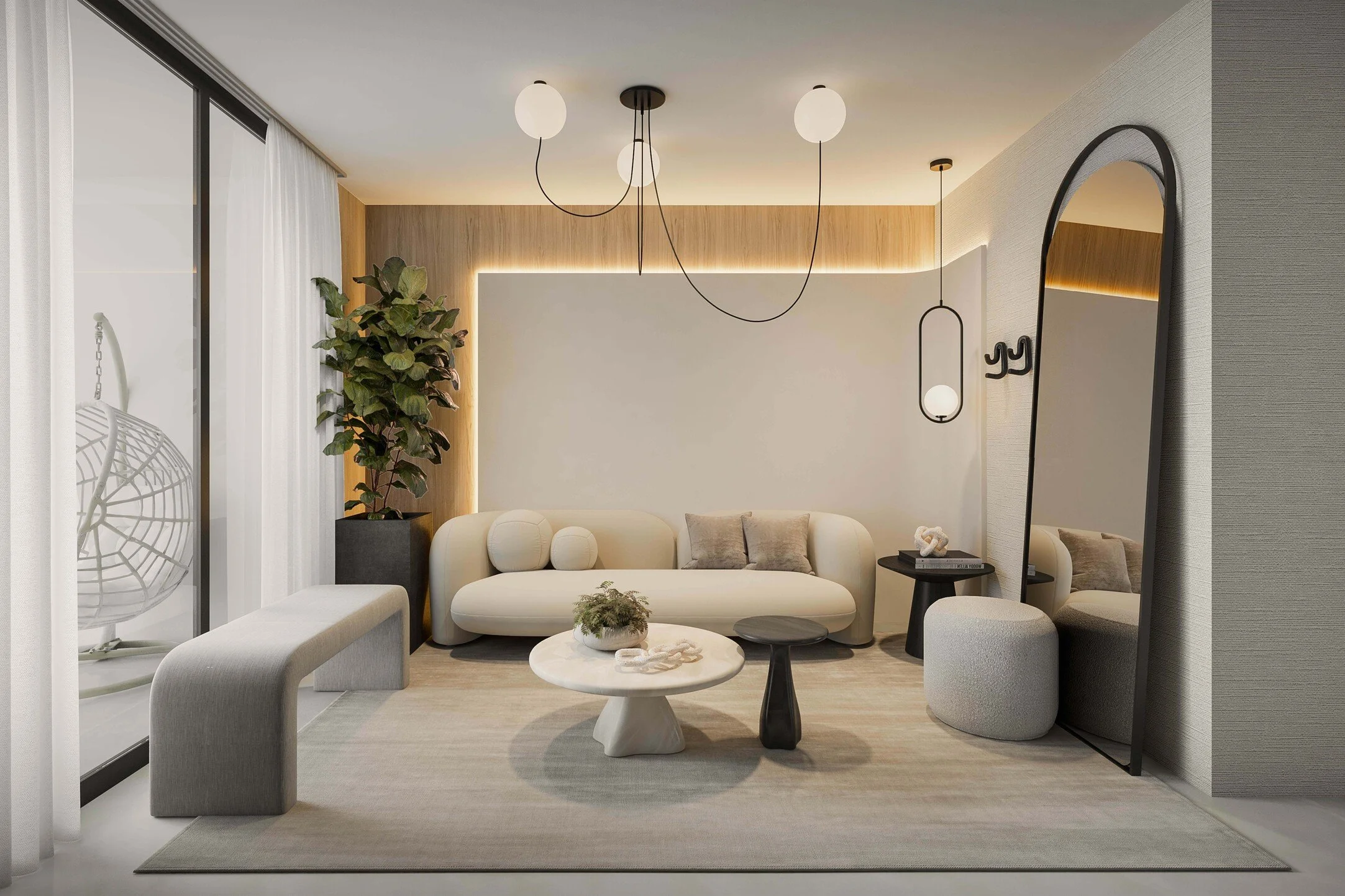 A welcoming lounge room designed for both relaxation and functionality, featuring a built-in coffee station that elevates the everyday experience. Warm materials, soft lighting, and a neutral palette create a cozy yet refined atmosphere, making it an