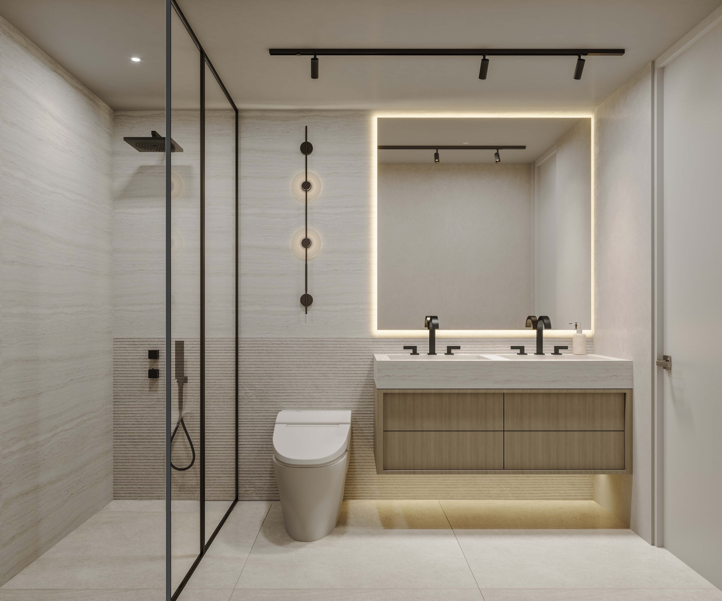 Timeless and modern bathroom with wall sconce light grey stone accent wall with black fixtures, double custome vanity